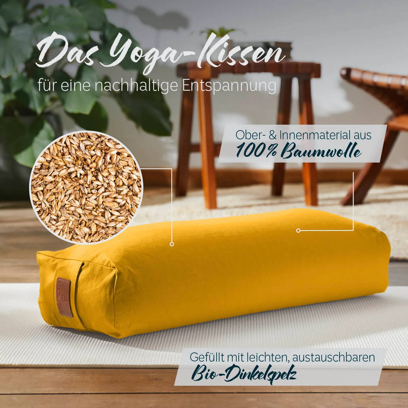 Yoga-Bolster Paravati - gefüllt mit Bio-Dinkelspelz - 67 x 22 x 13 cm - Indischgelb - Image 2