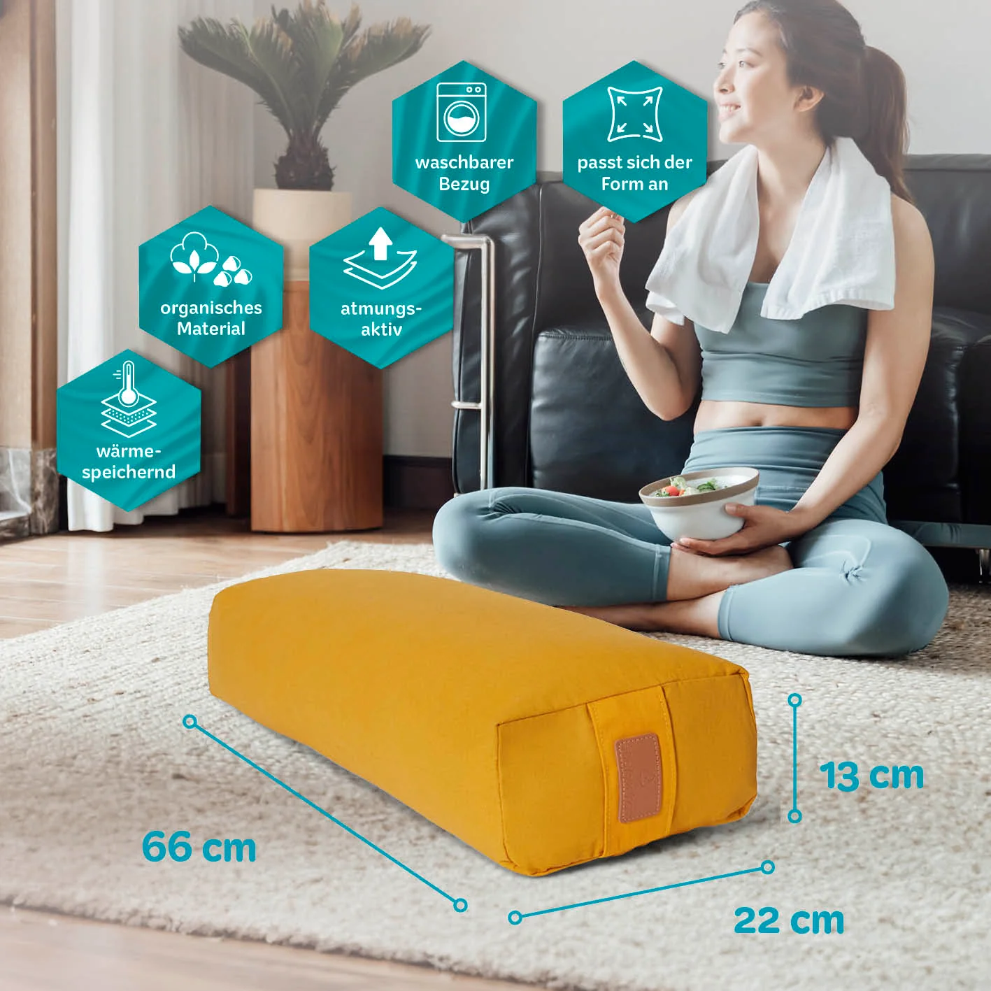Yoga-Bolster Paravati - gefüllt mit Bio-Dinkelspelz - 67 x 22 x 13 cm - Indischgelb - Image 3