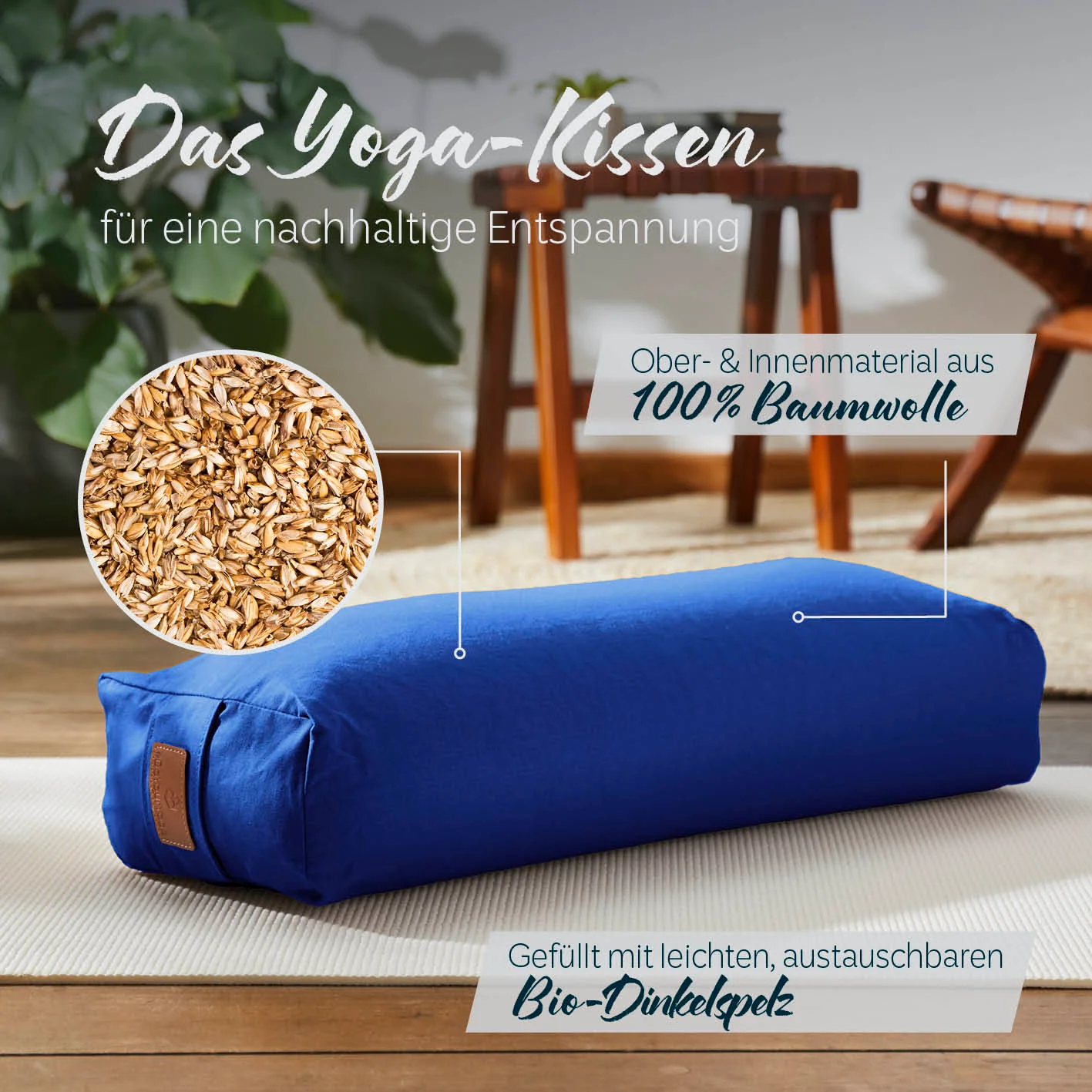 Yoga-Bolster Paravati - gefüllt mit Bio-Dinkelspelz - 67 x 22 x 13 cm - Navyblau - Image 2