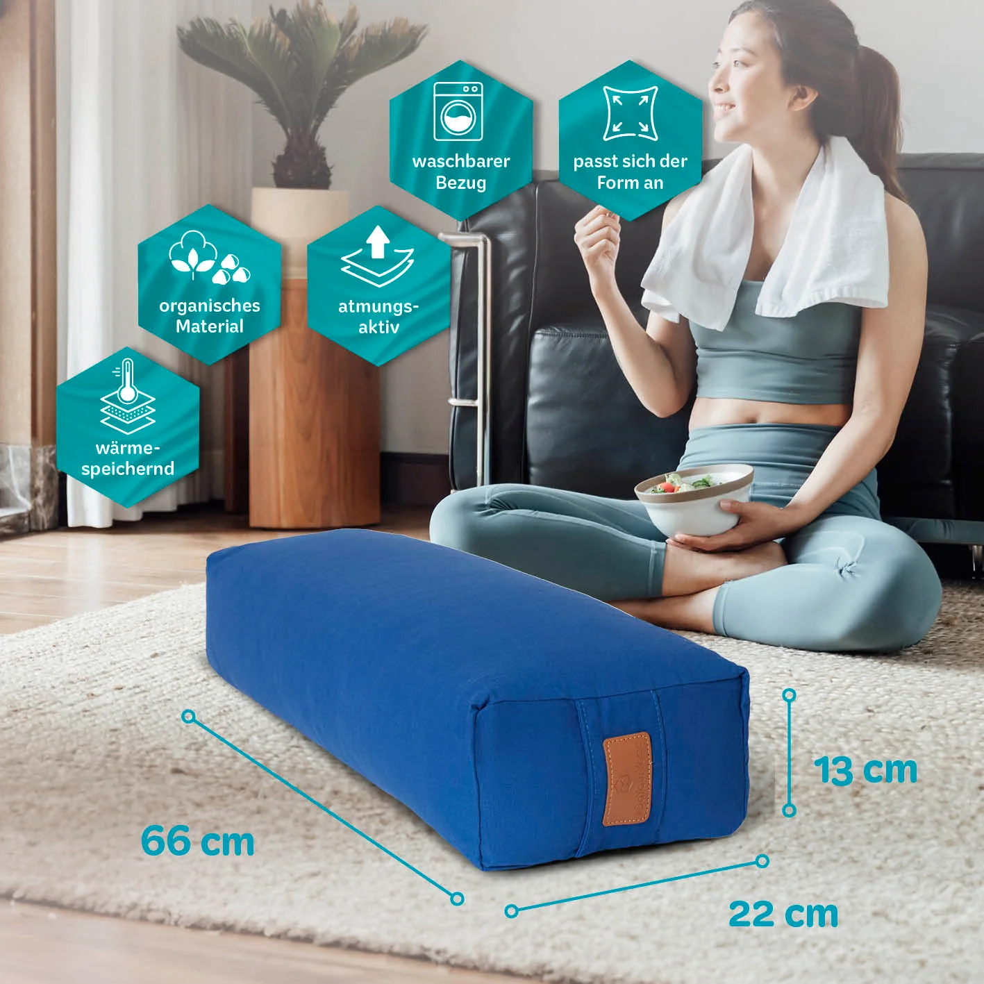 Yoga-Bolster Paravati - gefüllt mit Bio-Dinkelspelz - 67 x 22 x 13 cm - Navyblau - Image 3