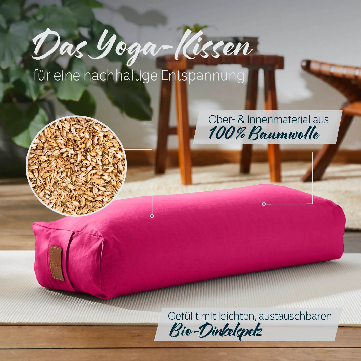 Yoga-Bolster Paravati - gefüllt mit Bio-Dinkelspelz - 67 x 22 x 13 cm - Pink - Image 2