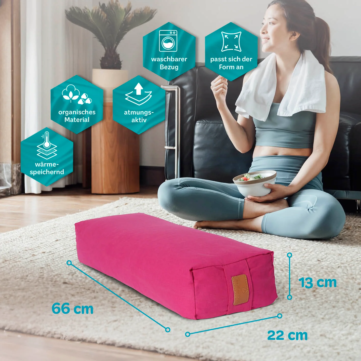 Yoga-Bolster Paravati - gefüllt mit Bio-Dinkelspelz - 67 x 22 x 13 cm - Pink - Image 3