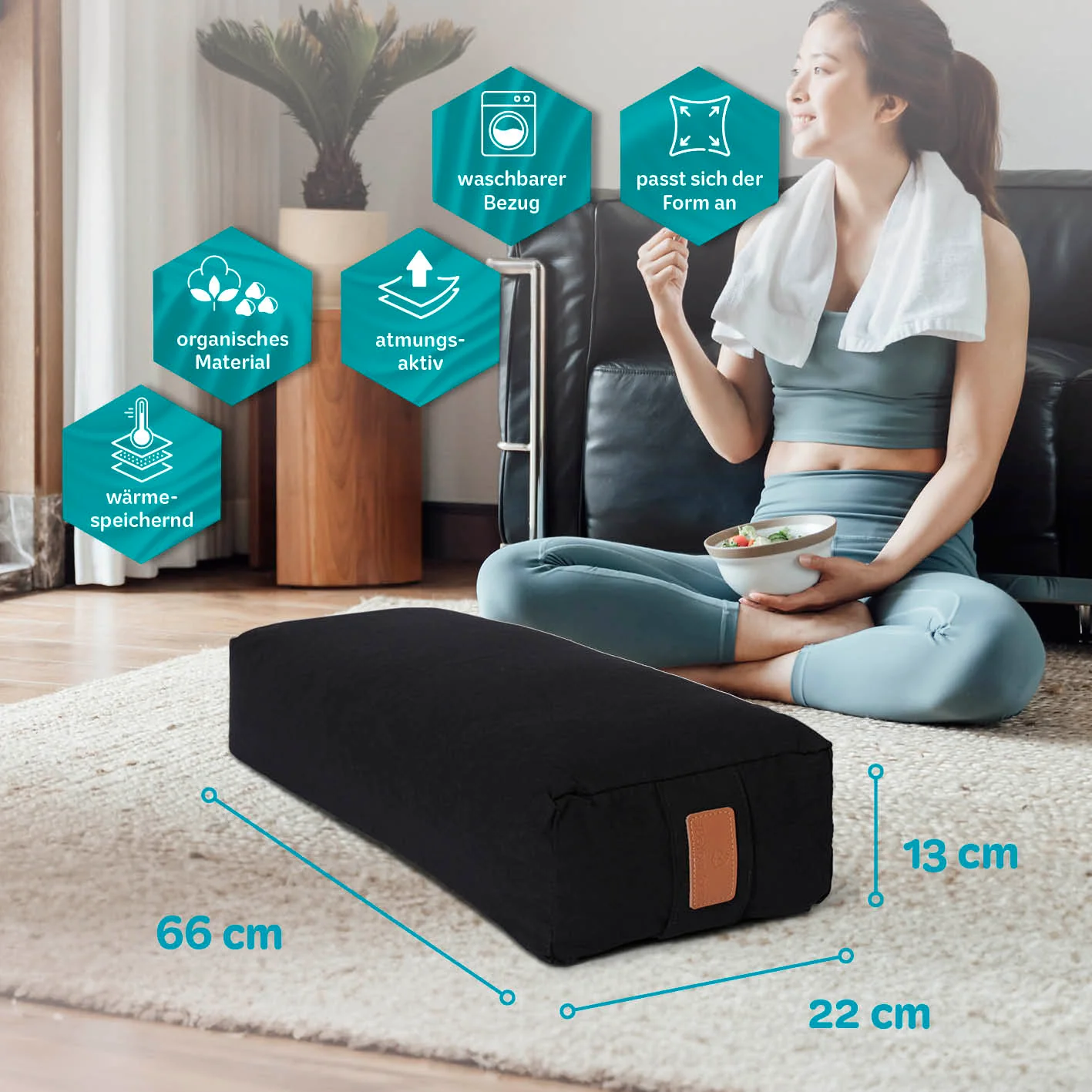 Yoga-Bolster Paravati - gefüllt mit Bio-Dinkelspelz - 67 x 22 x 13 cm - Schwarz - Image 3