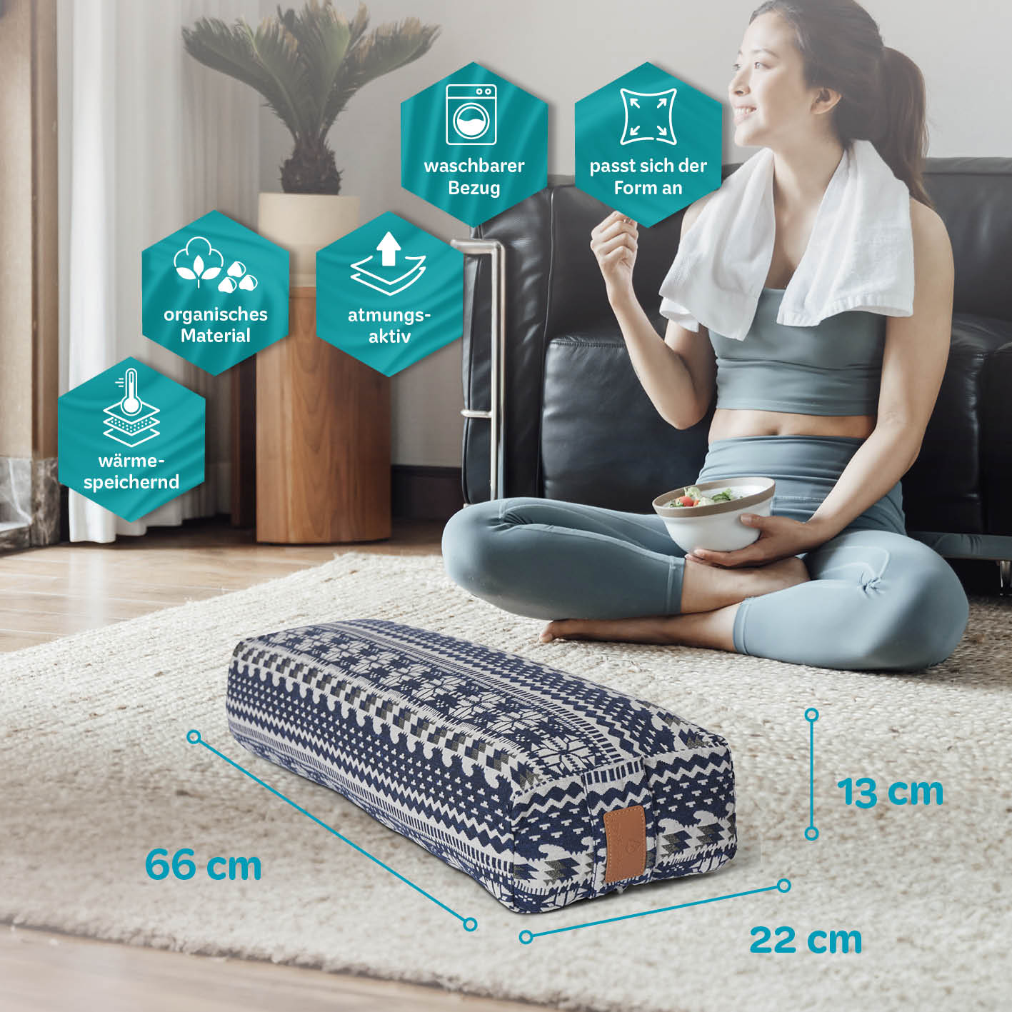 Yoga-Bolster Paravati - gefüllt mit Bio-Dinkelspelz - 67 x 22 x 13 cm - Style 1 (Blau-Weiß) - Image 3