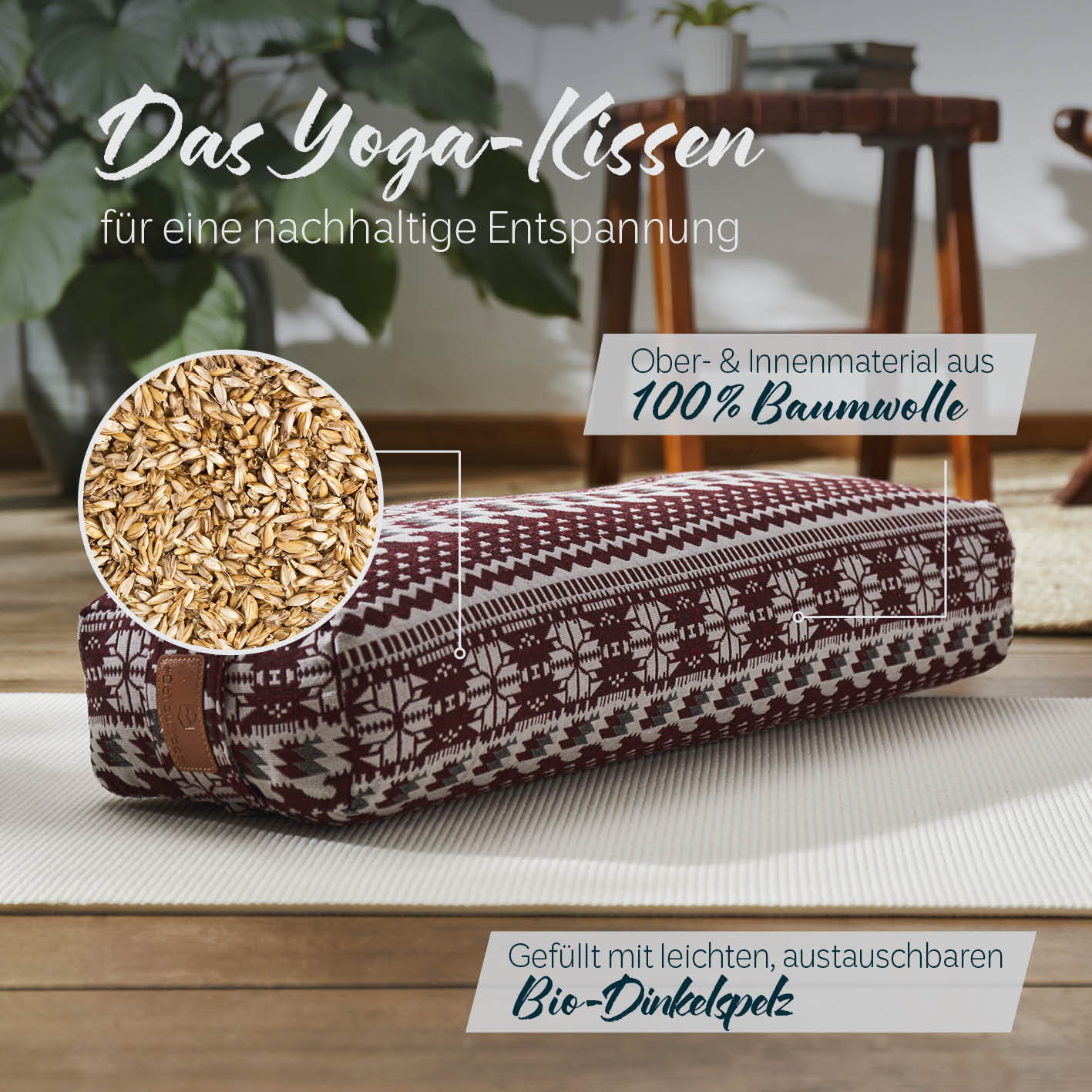 Yoga-Bolster Paravati - gefüllt mit Bio-Dinkelspelz - 67 x 22 x 13 cm - Style 9 (Rot-Weiß) - Image 2