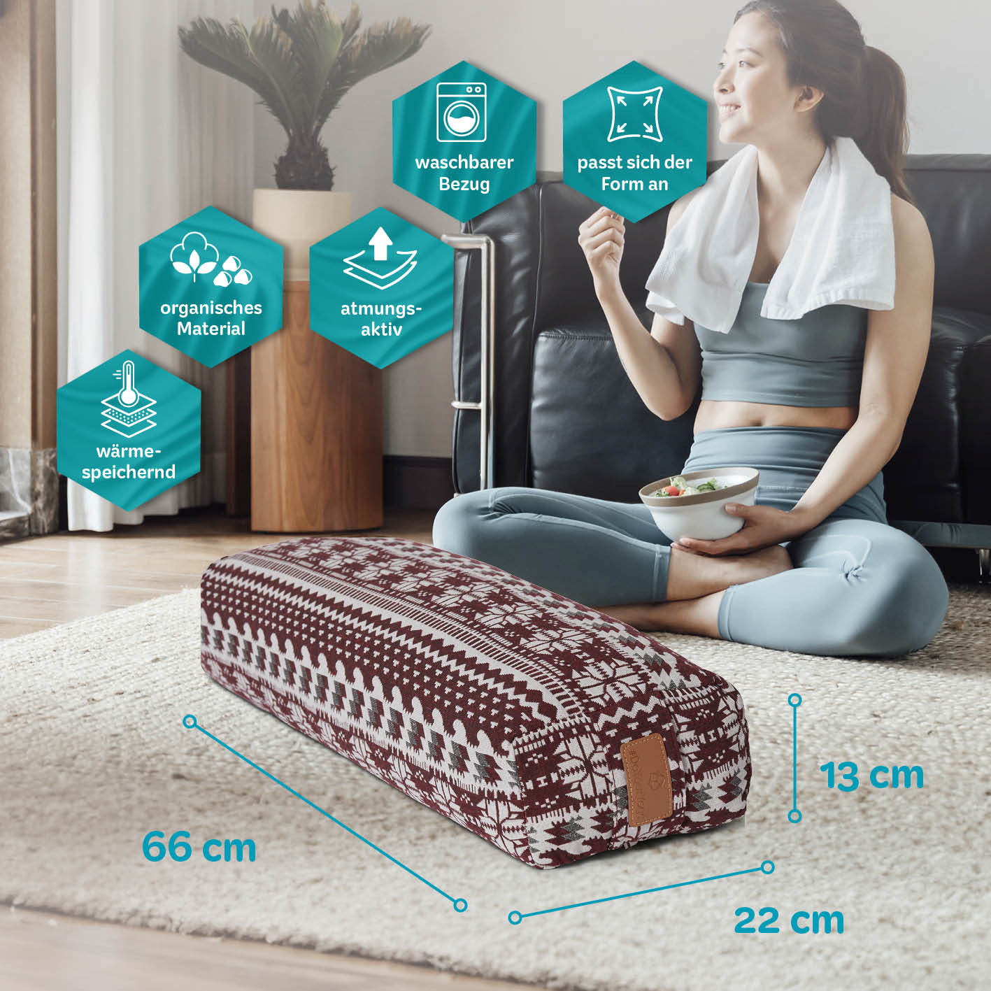 Yoga-Bolster Paravati - gefüllt mit Bio-Dinkelspelz - 67 x 22 x 13 cm - Style 9 (Rot-Weiß) - Image 4