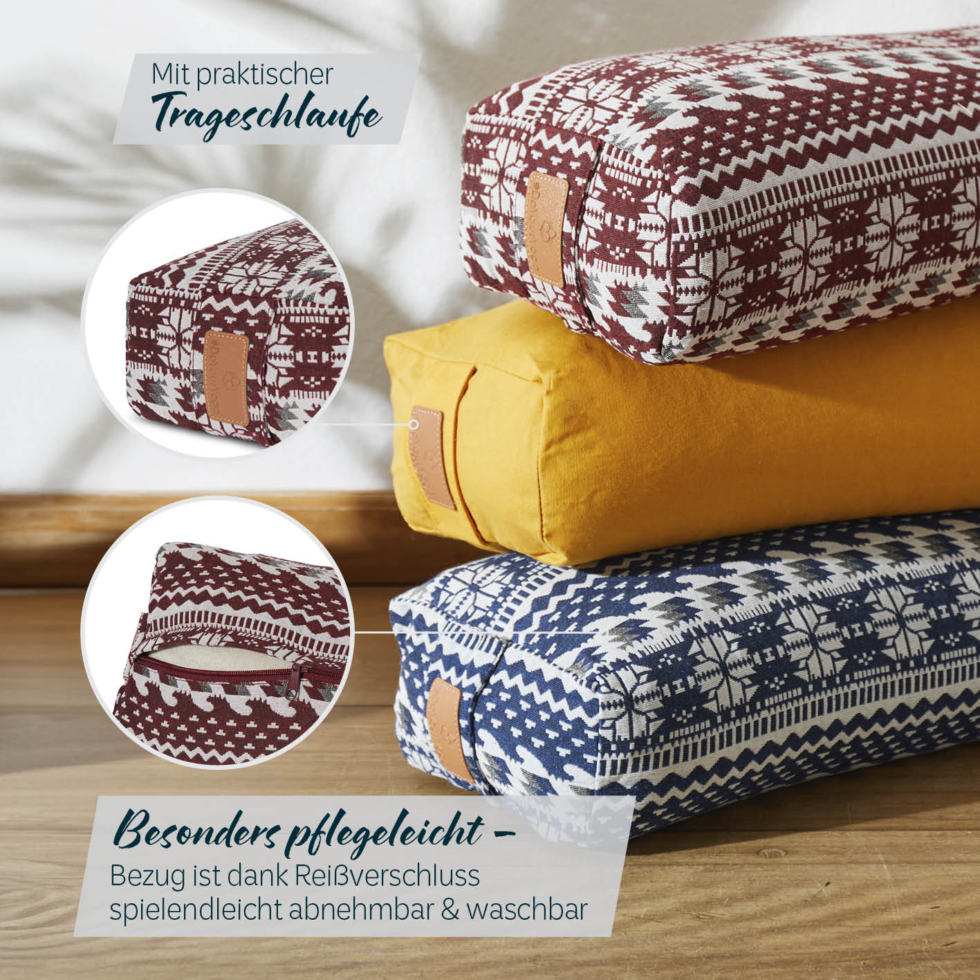 Yoga-Bolster Paravati - gefüllt mit Bio-Dinkelspelz - 67 x 22 x 13 cm - Style 9 (Rot-Weiß) - Image 6