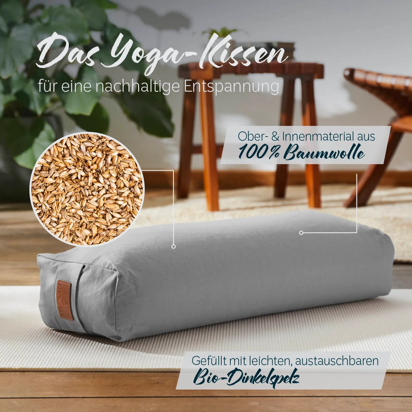 Yoga-Bolster Paravati - gefüllt mit Bio-Dinkelspelz - 67 x 22 x 13 cm - Zementgrau - Image 2
