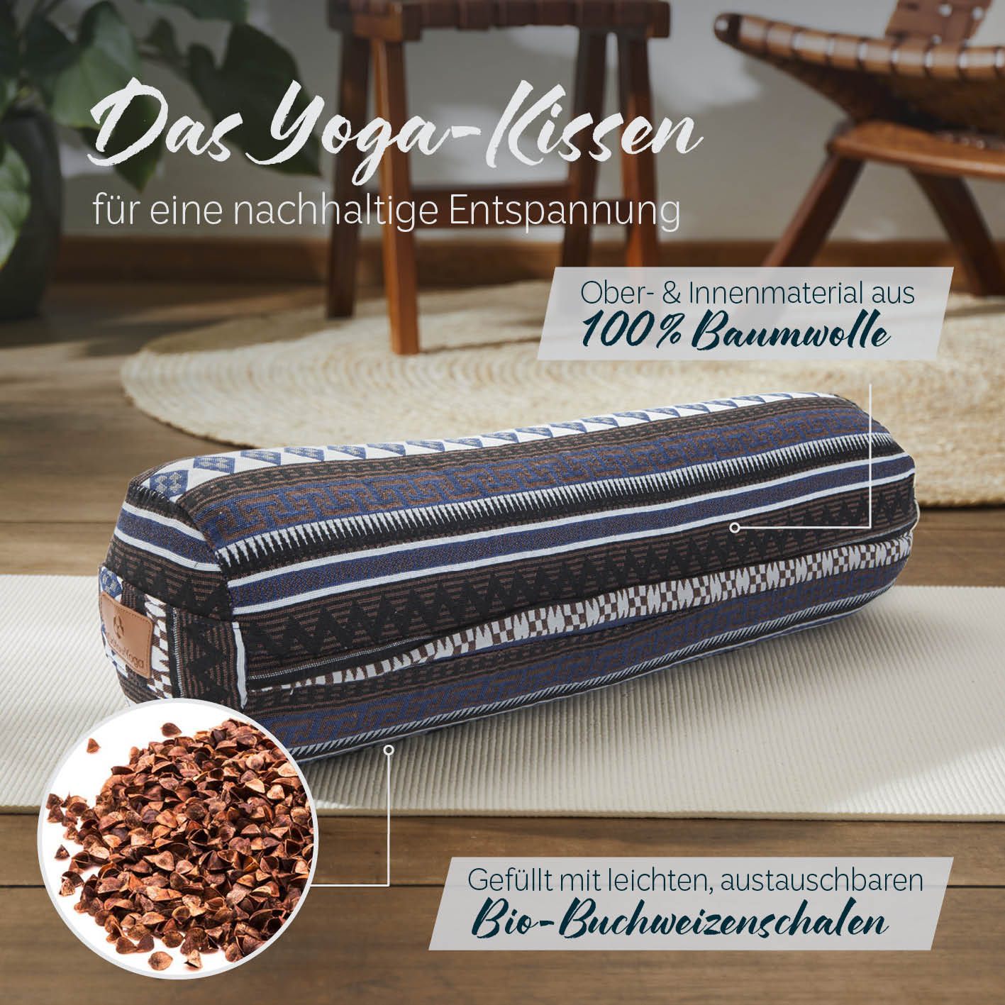 Yoga-Bolster Tarik - gefüllt mit Bio-Buchweizenschalen - 68 x 22 x 22 cm - Style 11 - Image 2
