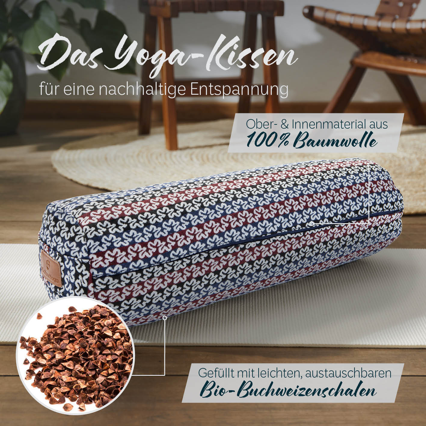 Yoga-Bolster Tarik - gefüllt mit Bio-Buchweizenschalen - 68 x 22 x 22 cm - Style 17 - Image 2