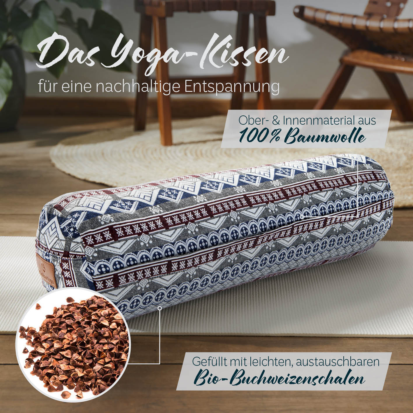 Yoga-Bolster Tarik - gefüllt mit Bio-Buchweizenschalen - 68 x 22 x 22 cm - Style 19 - Image 2