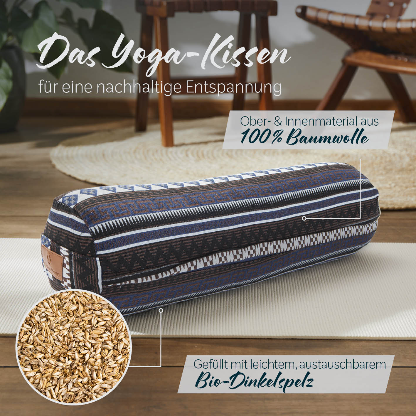 Yoga-Bolster Tarik - gefüllt mit Bio-Dinkelspelz - 68 x 22 x 22 cm - Style 11 - Image 2
