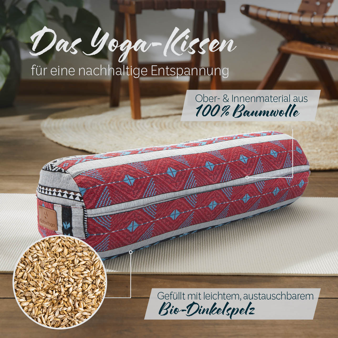 Yoga-Bolster Tarik - gefüllt mit Bio-Dinkelspelz - 68 x 22 x 22 cm - Style 16 - Image 2