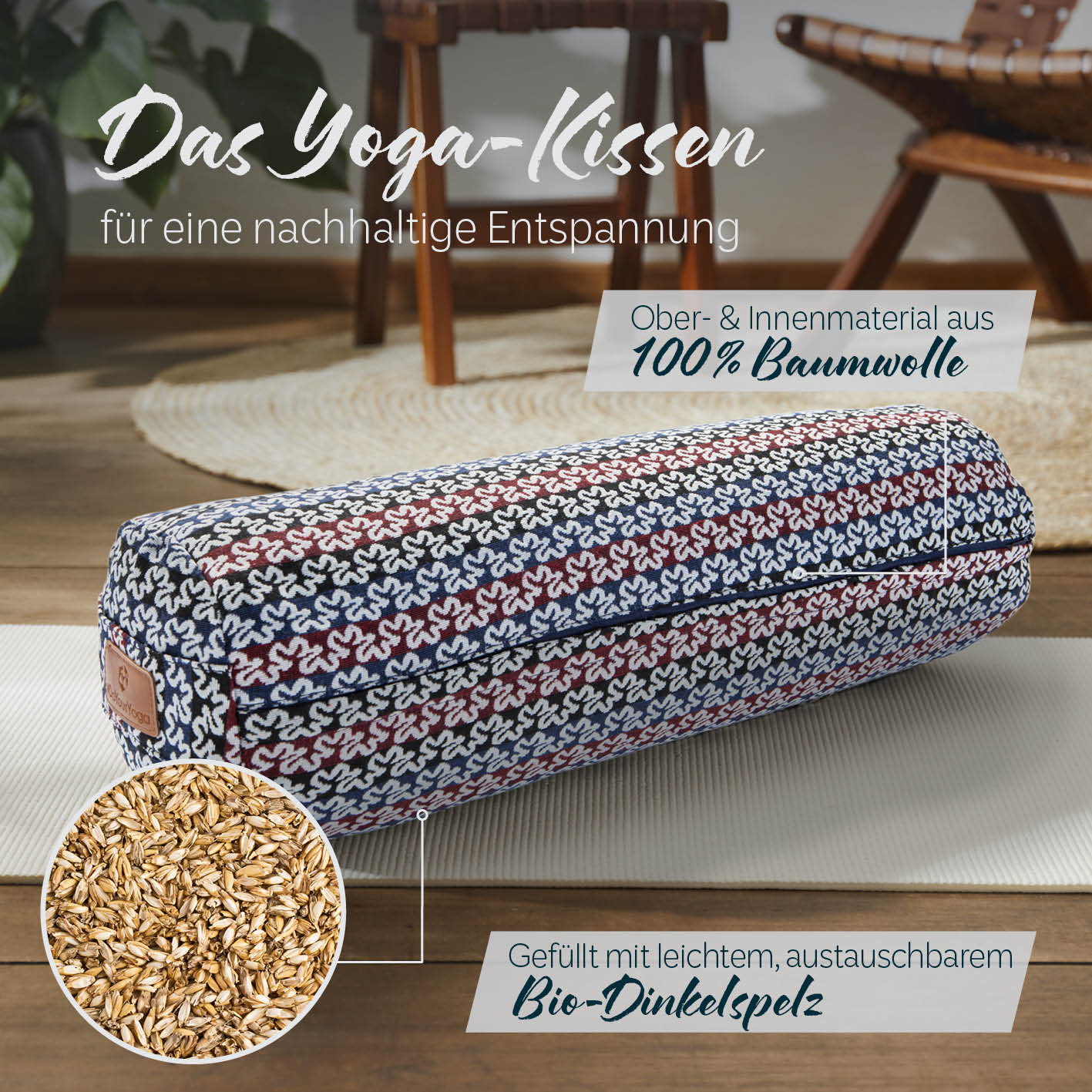 Yoga-Bolster Tarik - gefüllt mit Bio-Dinkelspelz - 68 x 22 x 22 cm - Style 17 - Image 2