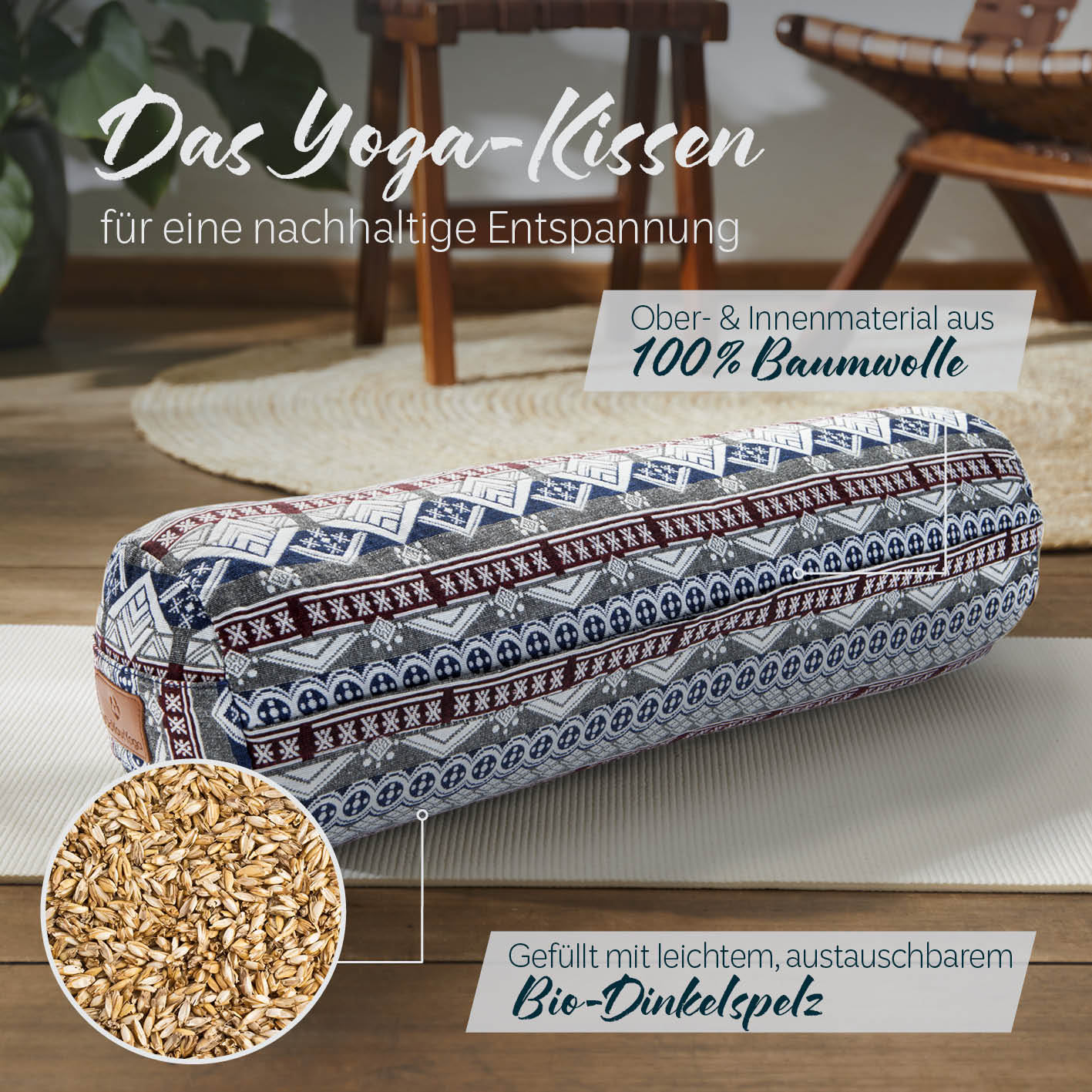Yoga-Bolster Tarik - gefüllt mit Bio-Dinkelspelz - 68 x 22 x 22 cm - Style 19 - Image 2