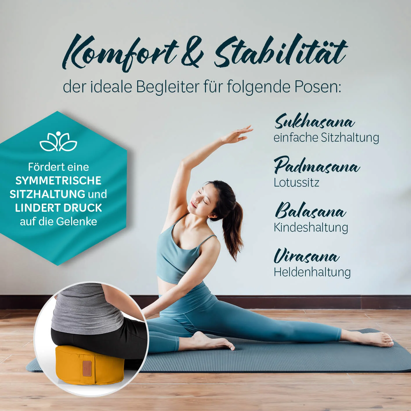 Yoga-Kissen Vishnu - gefüllt mit Bio-Dinkelspelz - Rund 30 x 30 x 15 cm - Currygelb - Image 5