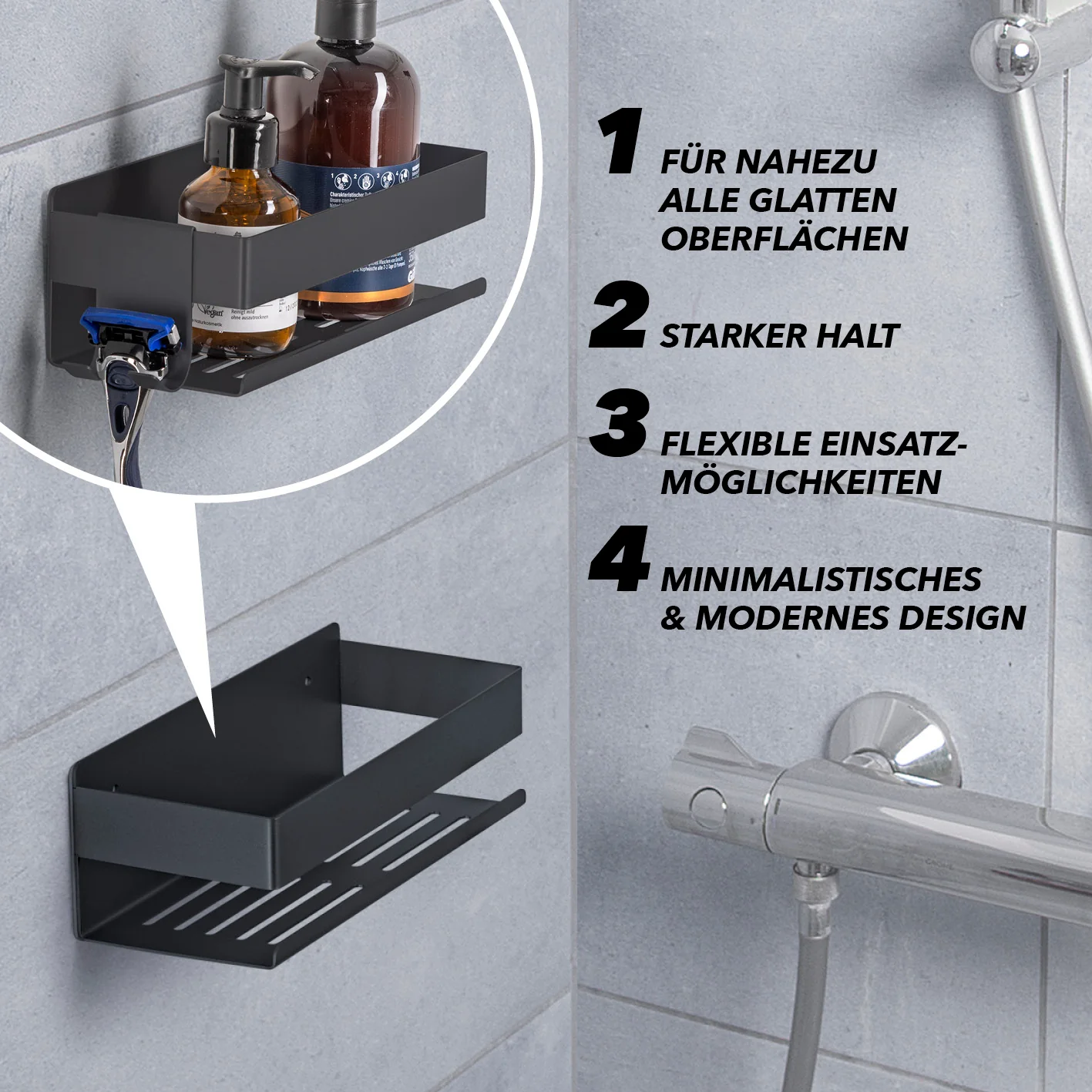 Dusch-Organizer zum Kleben oder Bohren - 2er-Set - Schwarz - Image 3