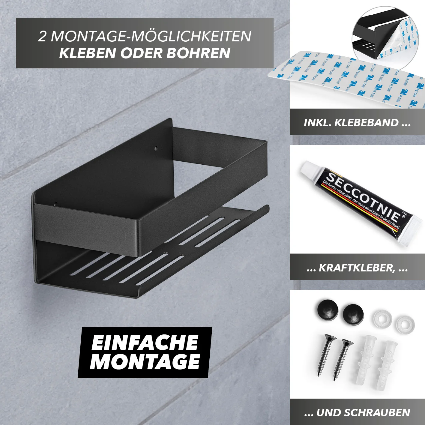 Dusch-Organizer zum Kleben oder Bohren - 2er-Set - Schwarz - Image 4