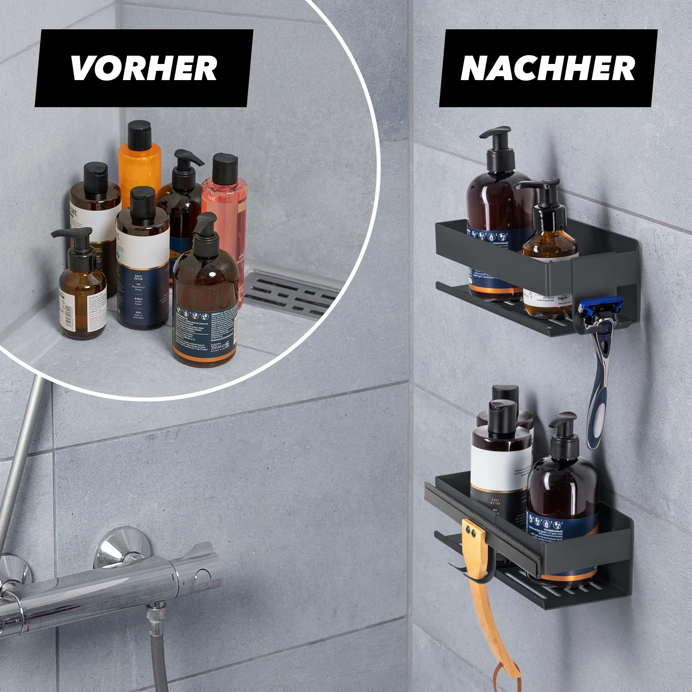 Dusch-Organizer zum Kleben oder Bohren - 2er-Set - Schwarz - Image 5