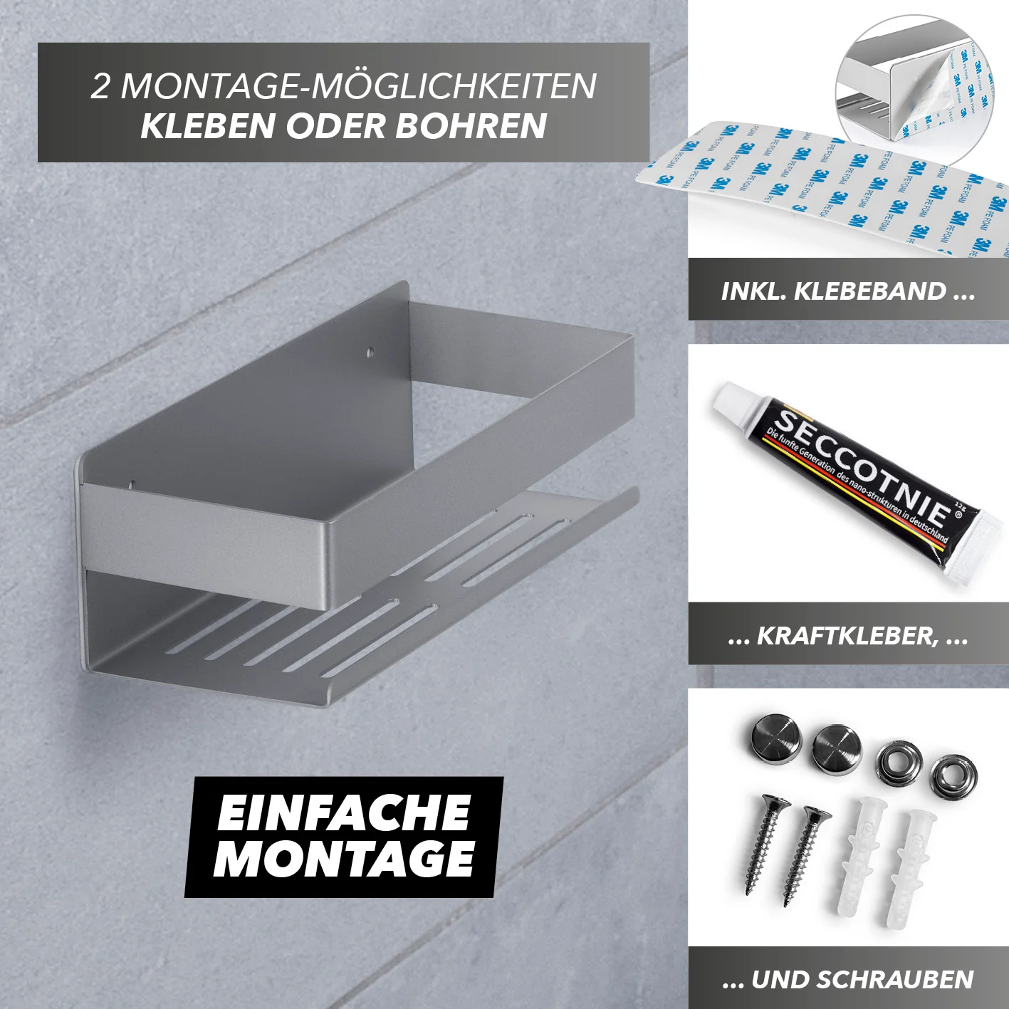 Dusch-Organizer zum Kleben oder Bohren - 2er-Set - Silber - Image 4