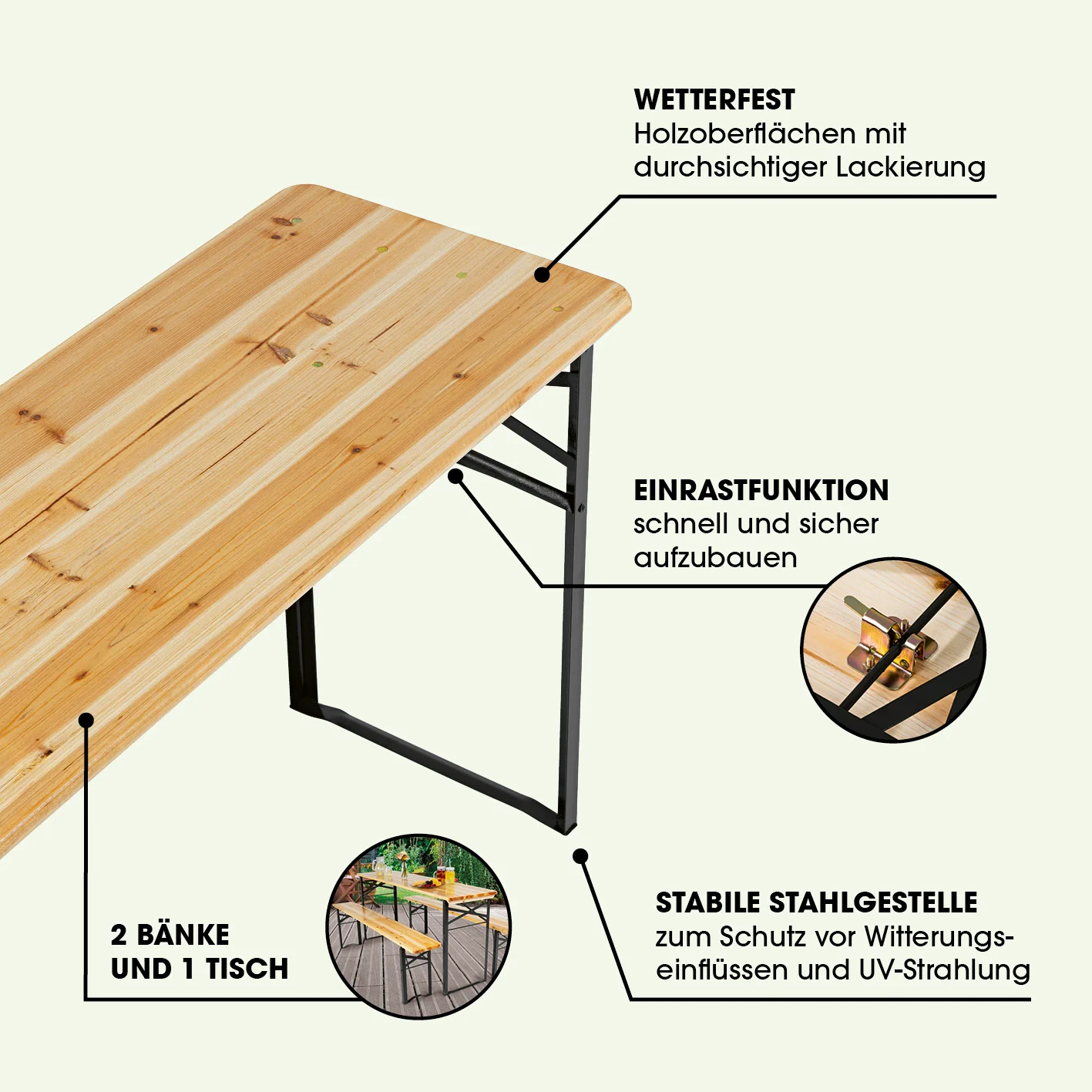 Bierzeltgarnitur Set (1 Tisch mit 2 Sitzbänken) - 170 cm - holzfarben/schwarz - Image 4