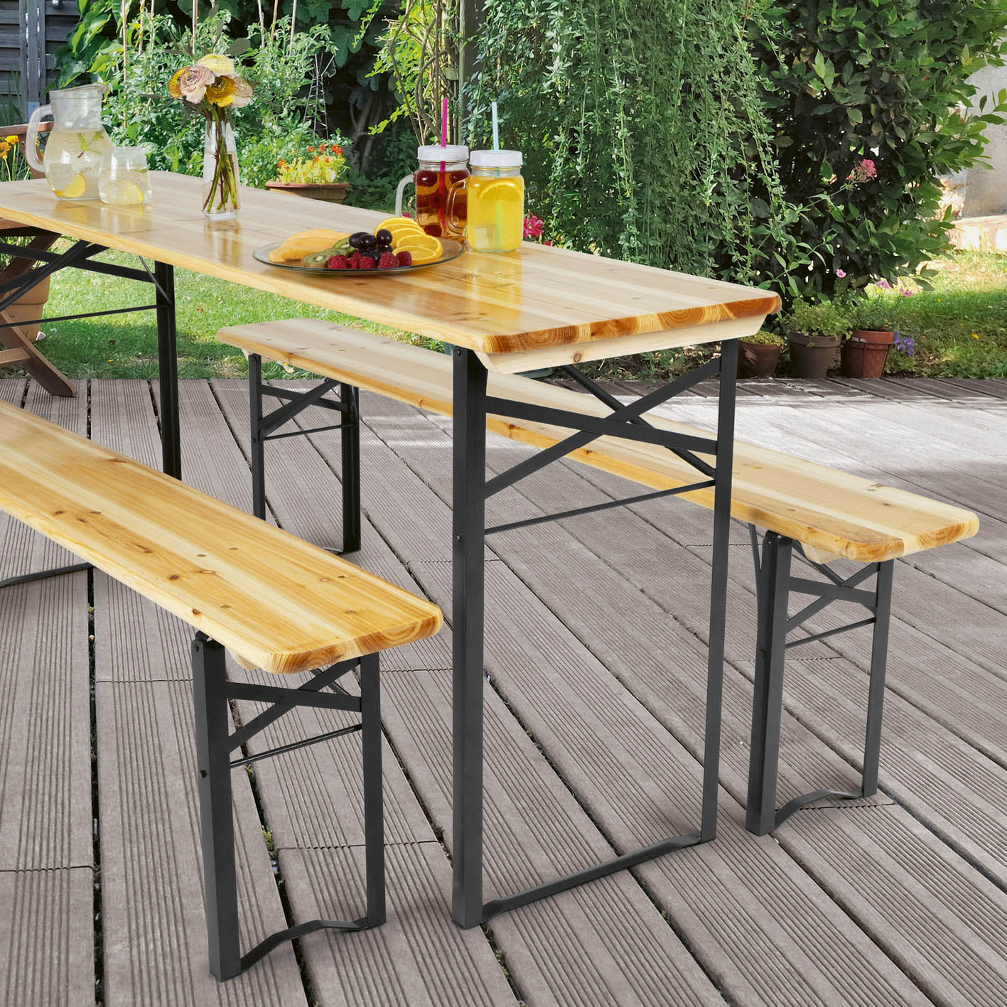 Bierzeltgarnitur Set (1 Tisch mit 2 Sitzbänken) - 170 cm - holzfarben/schwarz - Image 5