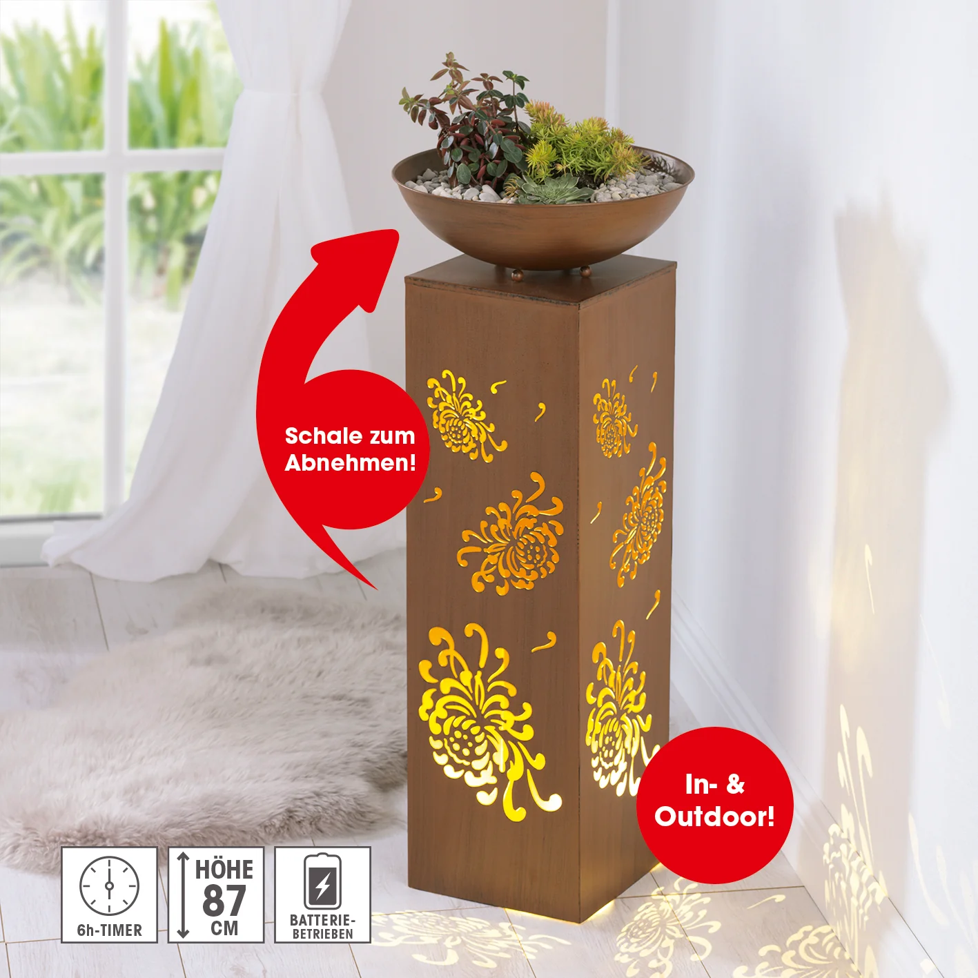 LED-Dekosäule mit Planzschale Rost-Optik "Bauernrose" - 87 cm - Image 11