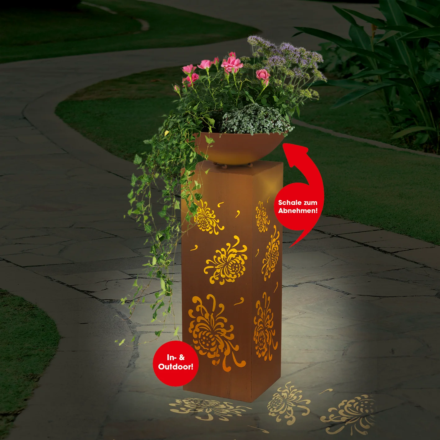 LED-Dekosäule mit Planzschale Rost-Optik "Bauernrose" - 87 cm - Image 12