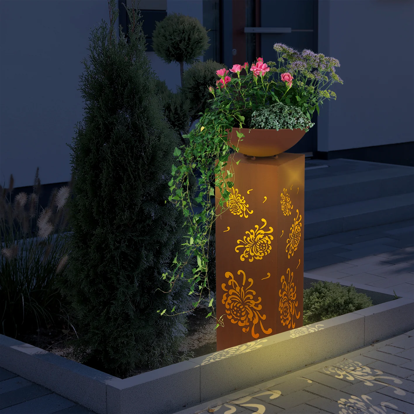 LED-Dekosäule mit Planzschale Rost-Optik "Bauernrose" - 87 cm - Image 8