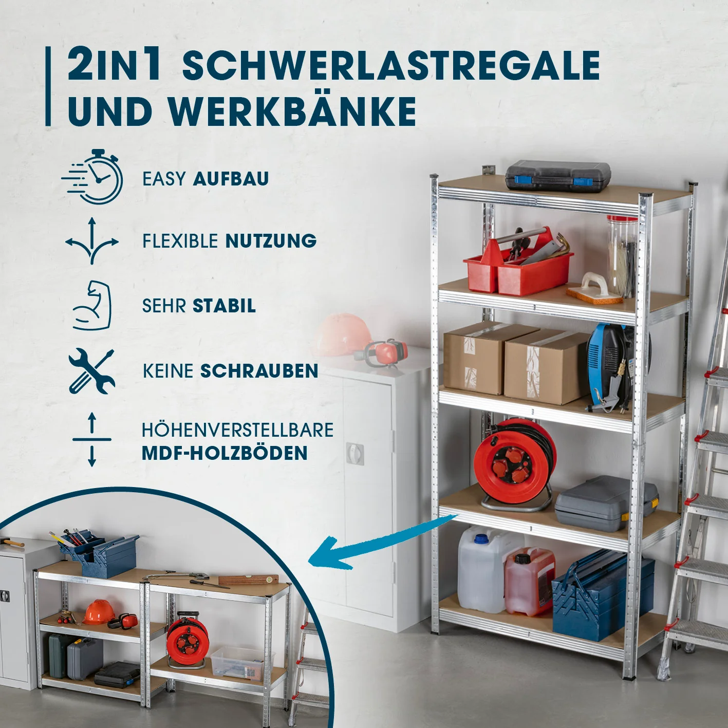 Schwerlastregal & Werkbank mit GS - Bis zu 175 kg Tragkraft je Regalboden - 180 x 90 x 40 cm - Image 2
