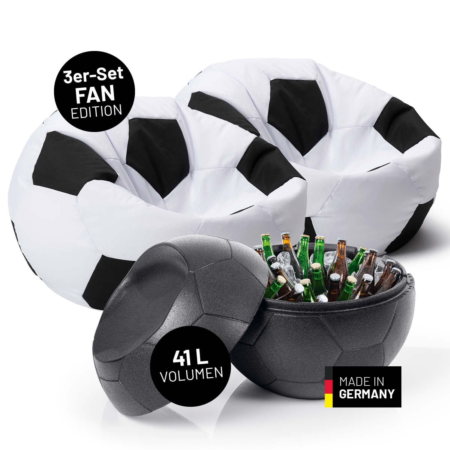 EM 2024 Fan-Lounge 2 + 1 - 2 x XXL-Fußball-Sitzsack + Fußball-Kühlbox