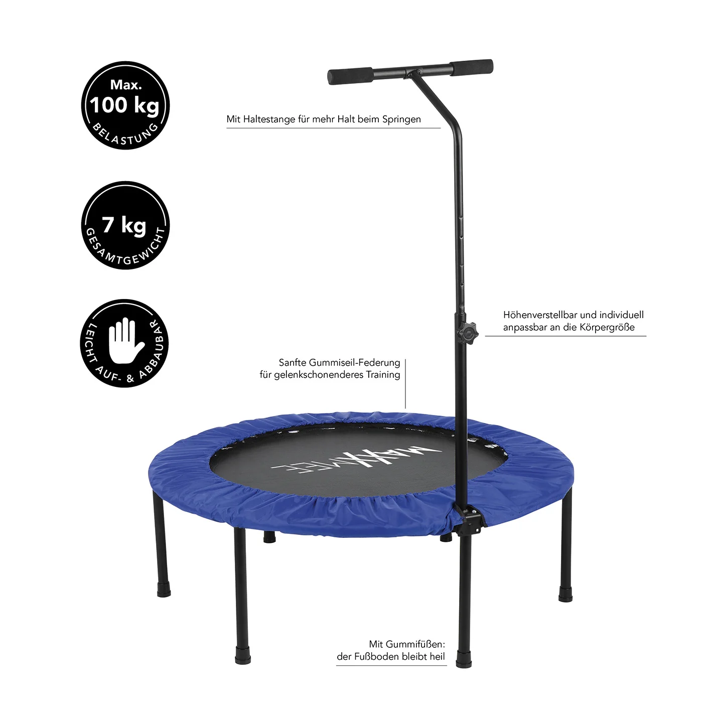 Fitness Trampolin - Mit höhenverstellbarer Haltestange - blau/schwarz - Image 5