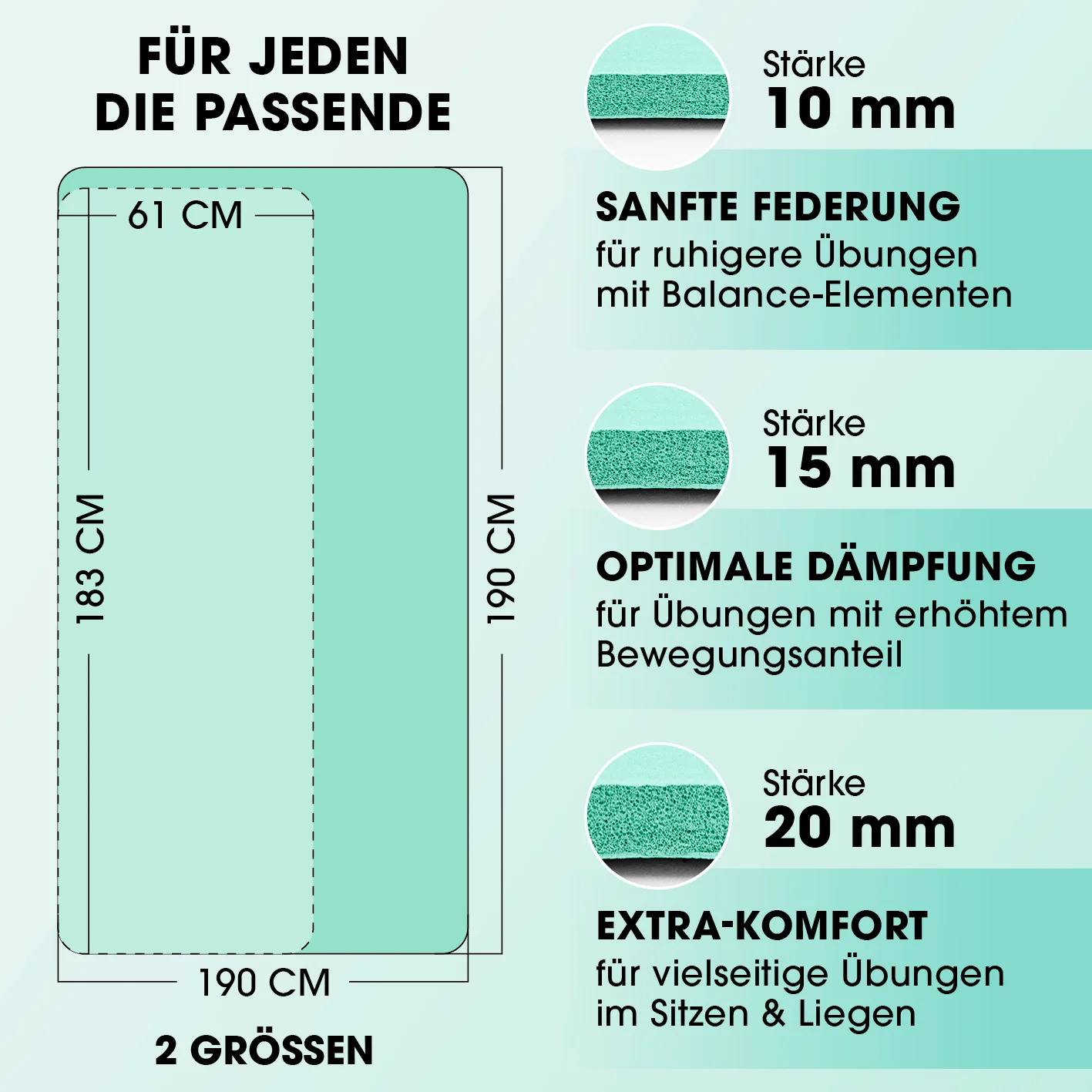 Fitness- und Gymnastikmatte - 190 x 100 x 1 cm - Türkis - Image 8