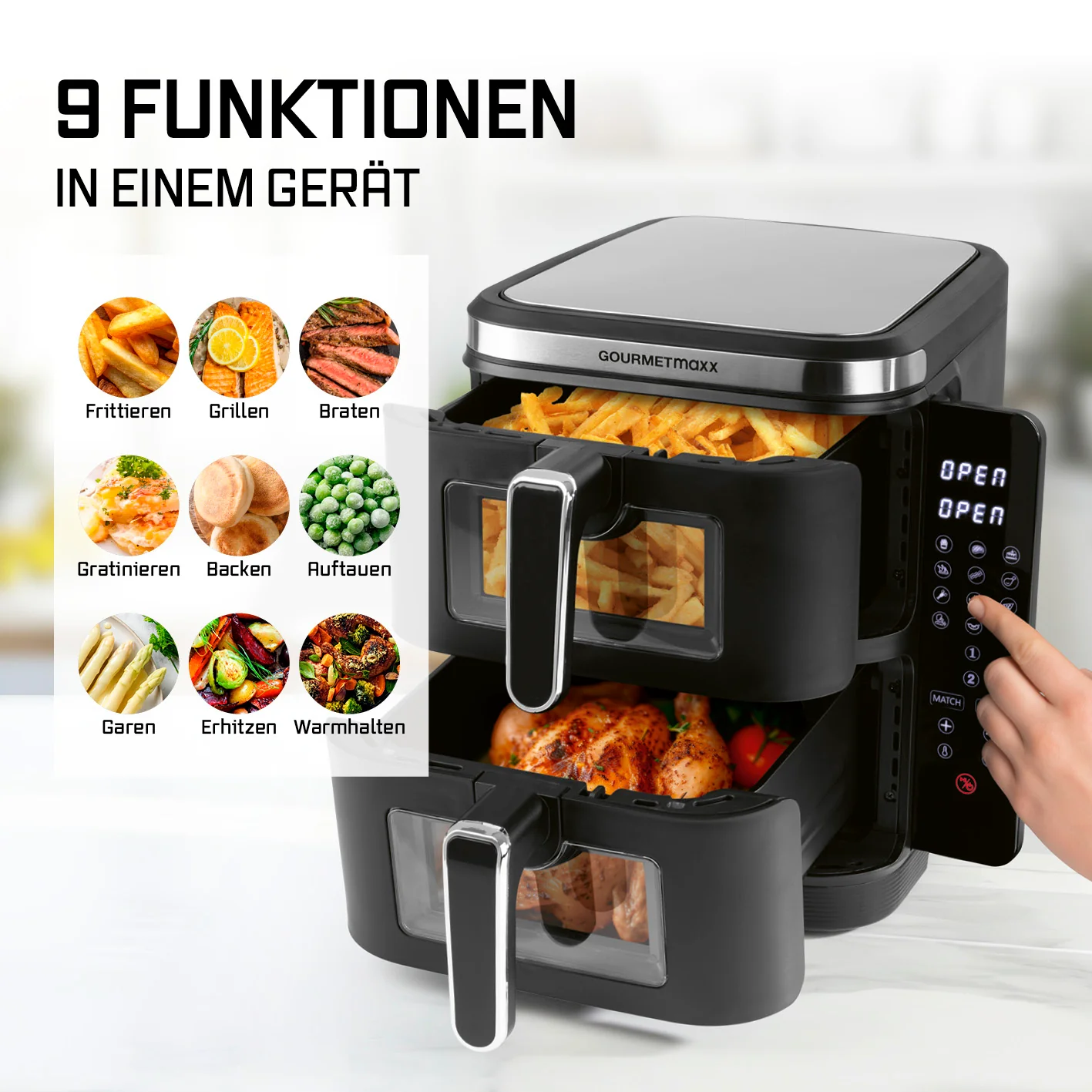 FryUp Vertikale Doppelkammer-Heißluftfritteuse mit Sichtfenster - Image 5