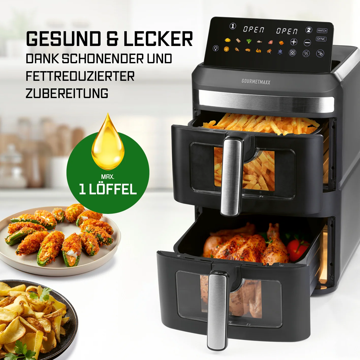 FryUp XL Vertikale Doppelkammer-Heißluftfritteuse mit Sichtfenster - 12 L - Image 10