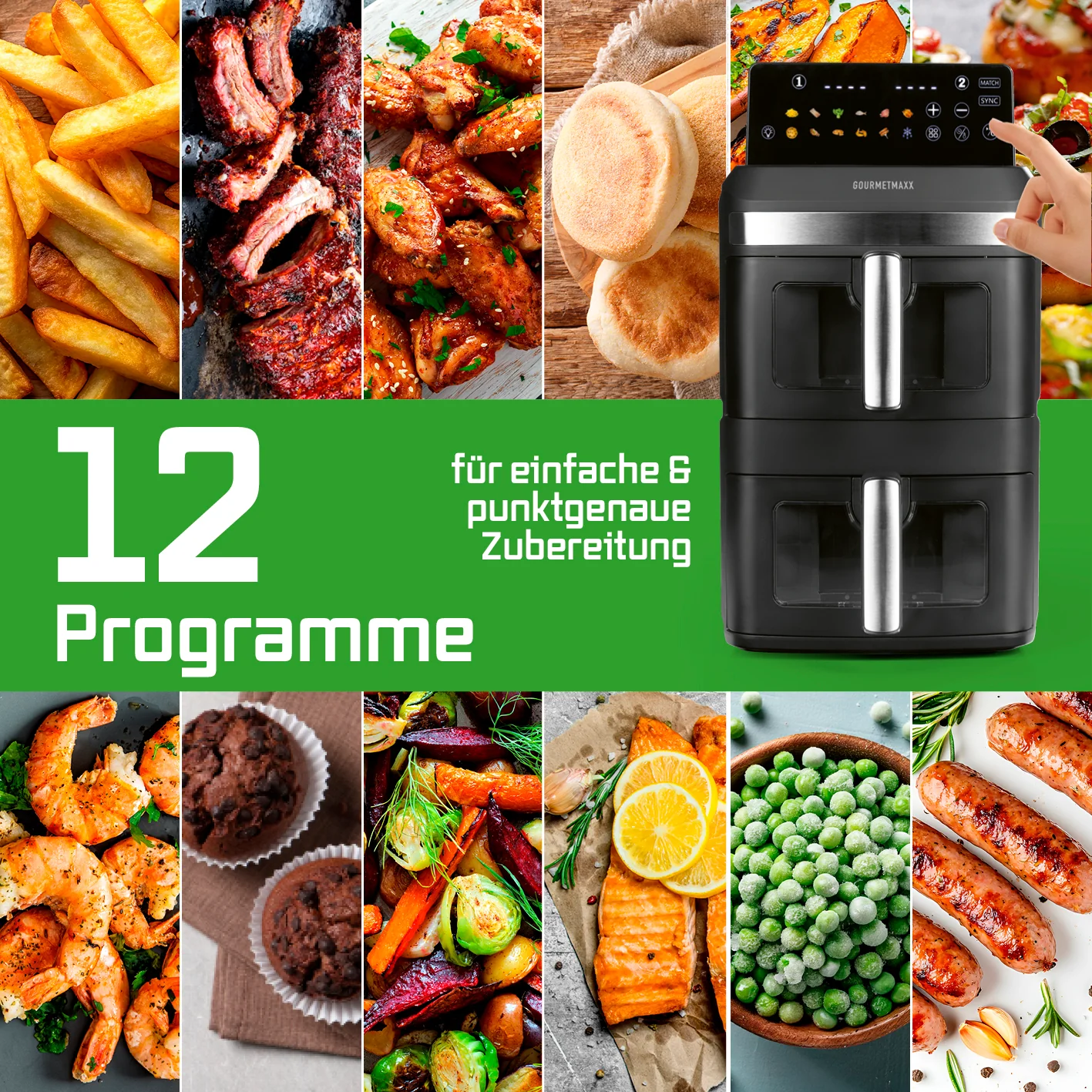 FryUp XL Vertikale Doppelkammer-Heißluftfritteuse mit Sichtfenster - 12 L - Image 11