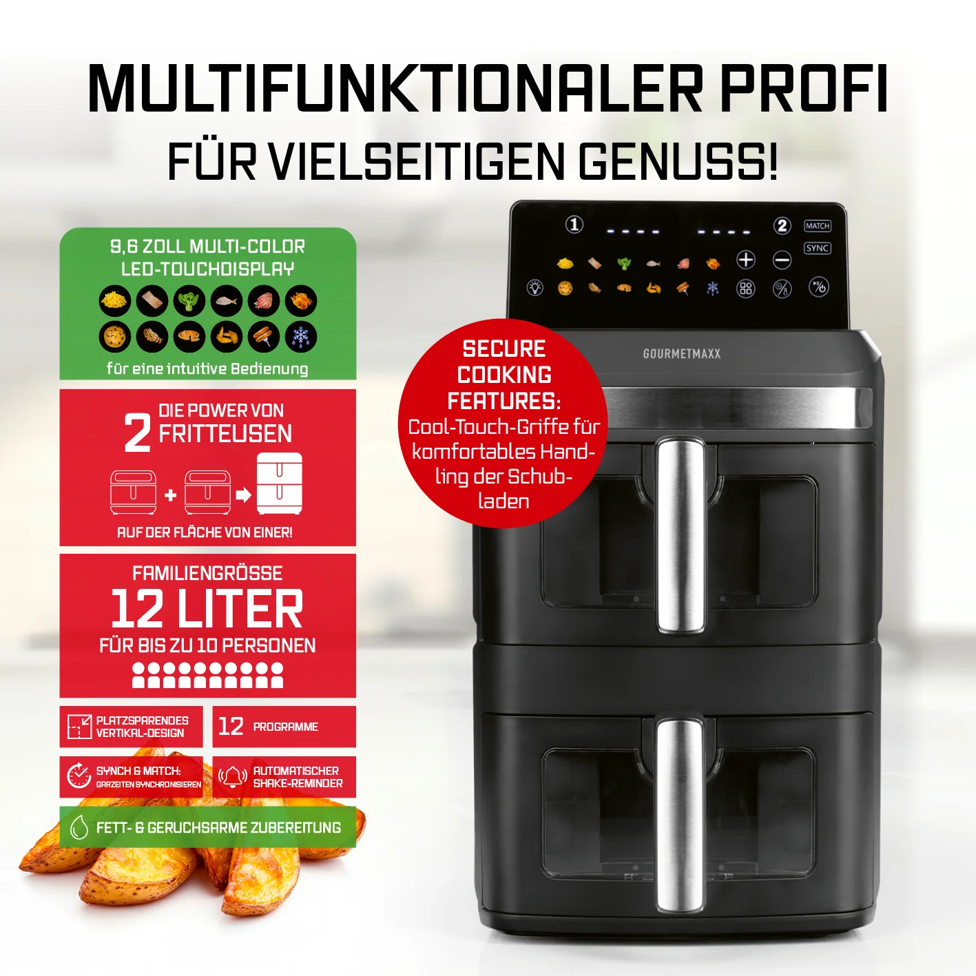 FryUp XL Vertikale Doppelkammer-Heißluftfritteuse mit Sichtfenster - 12 L - Image 3
