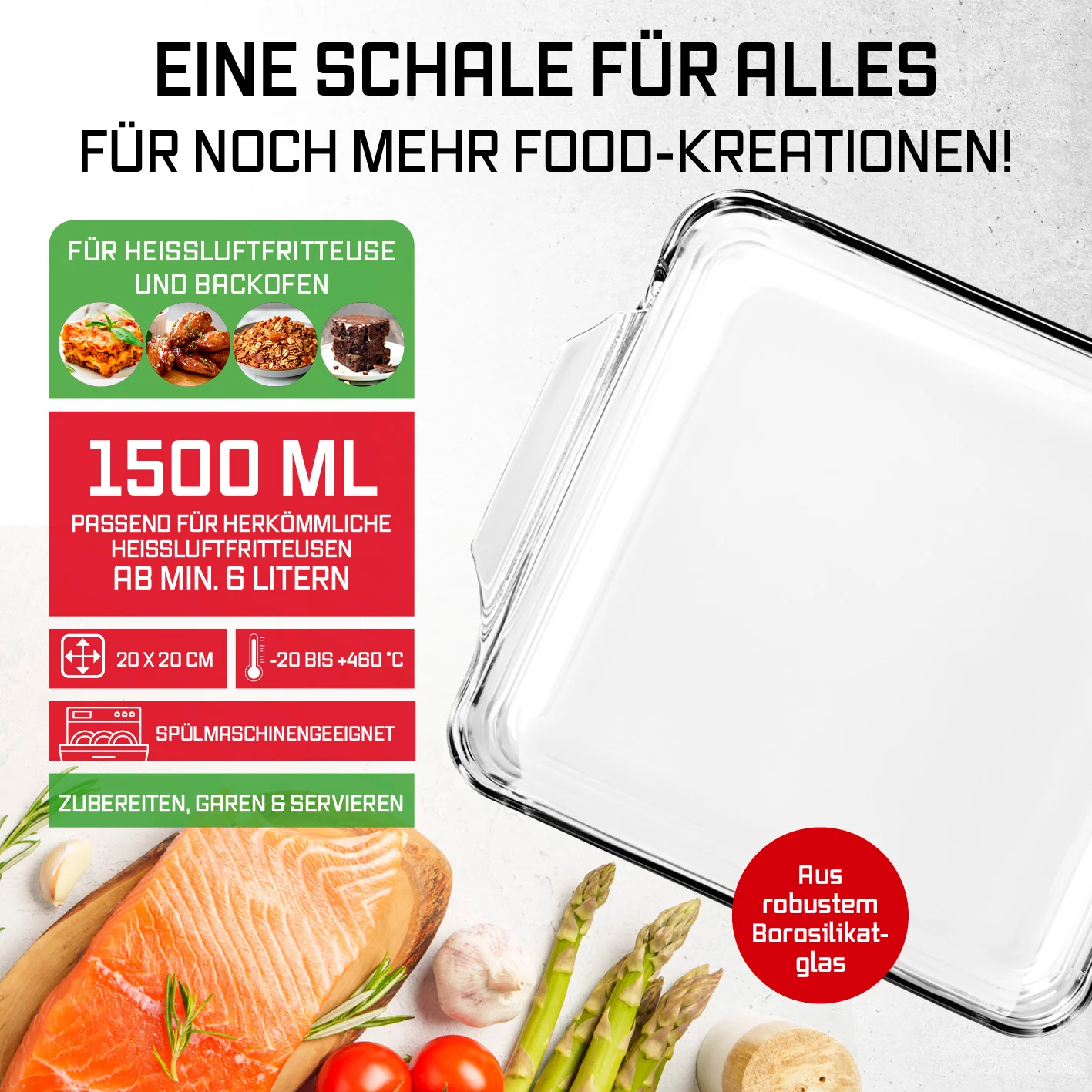 Glas-Auflaufform für Heißluftfritteuse & Backofen - 24 x 20 x 5 cm - 1500 ml - Image 2