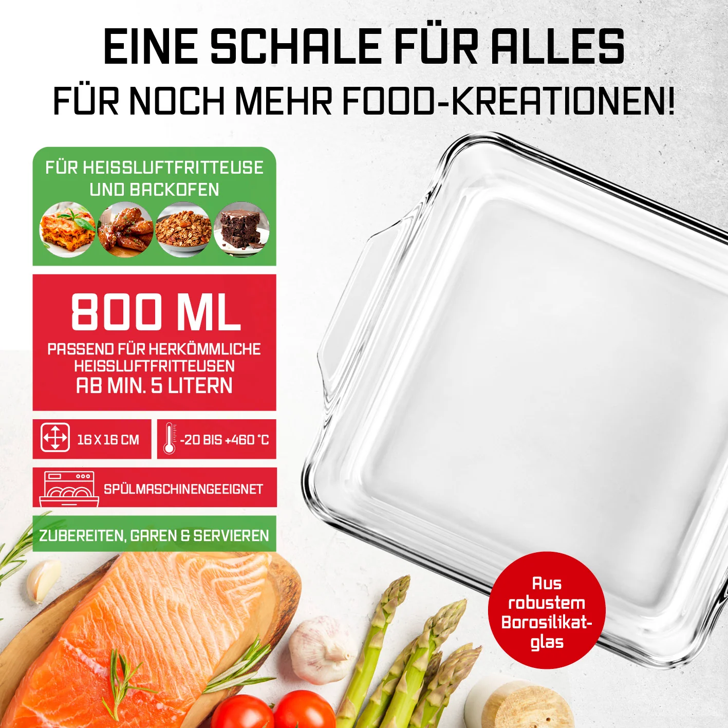 Glas-Auflaufform für Heißluftfritteuse & Backofen - 19 x 16 x 4,5 cm - 800 ml - Image 2