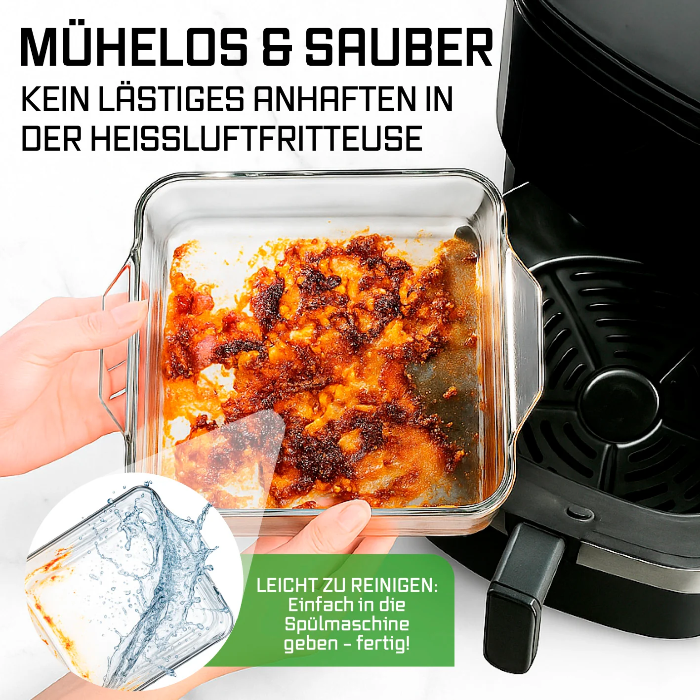Glas-Auflaufform für Heißluftfritteuse & Backofen - 19 x 16 x 4,5 cm - 800 ml - Image 6