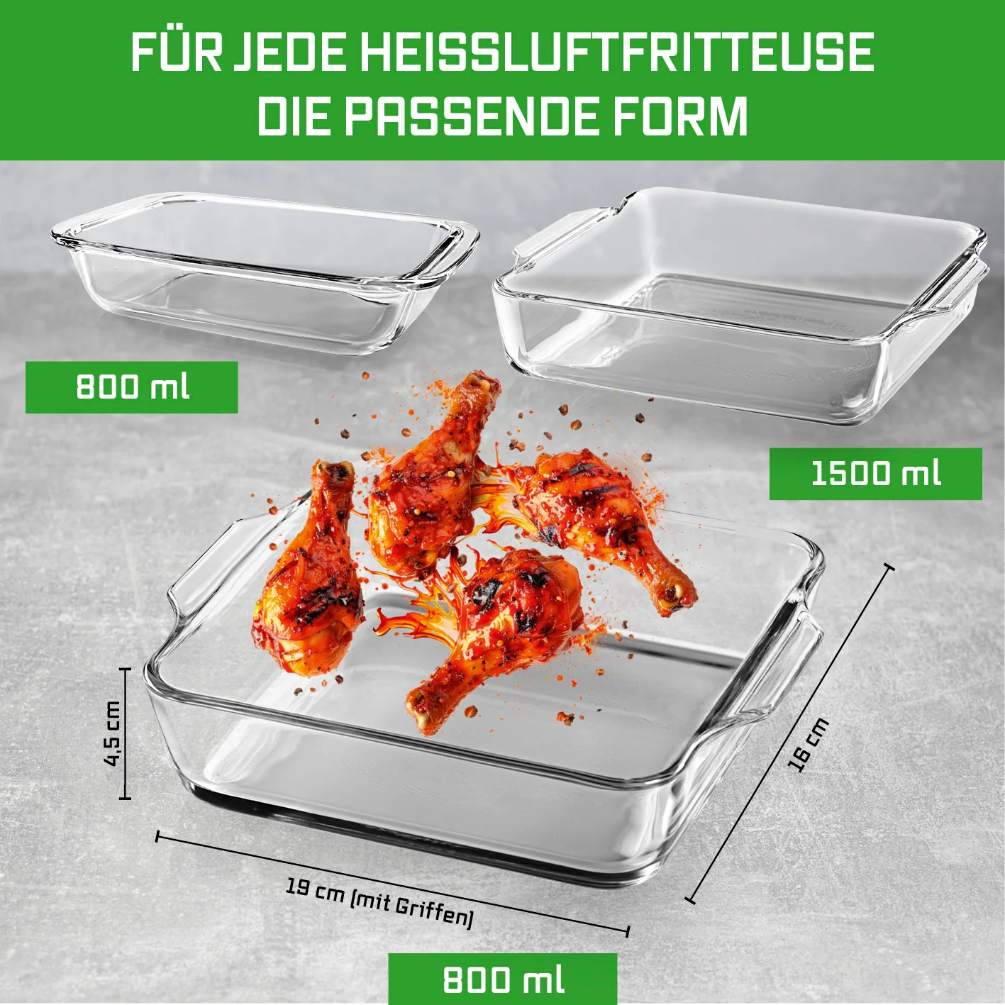 Glas-Auflaufform für Heißluftfritteuse & Backofen - 19 x 16 x 4,5 cm - 800 ml - Image 8