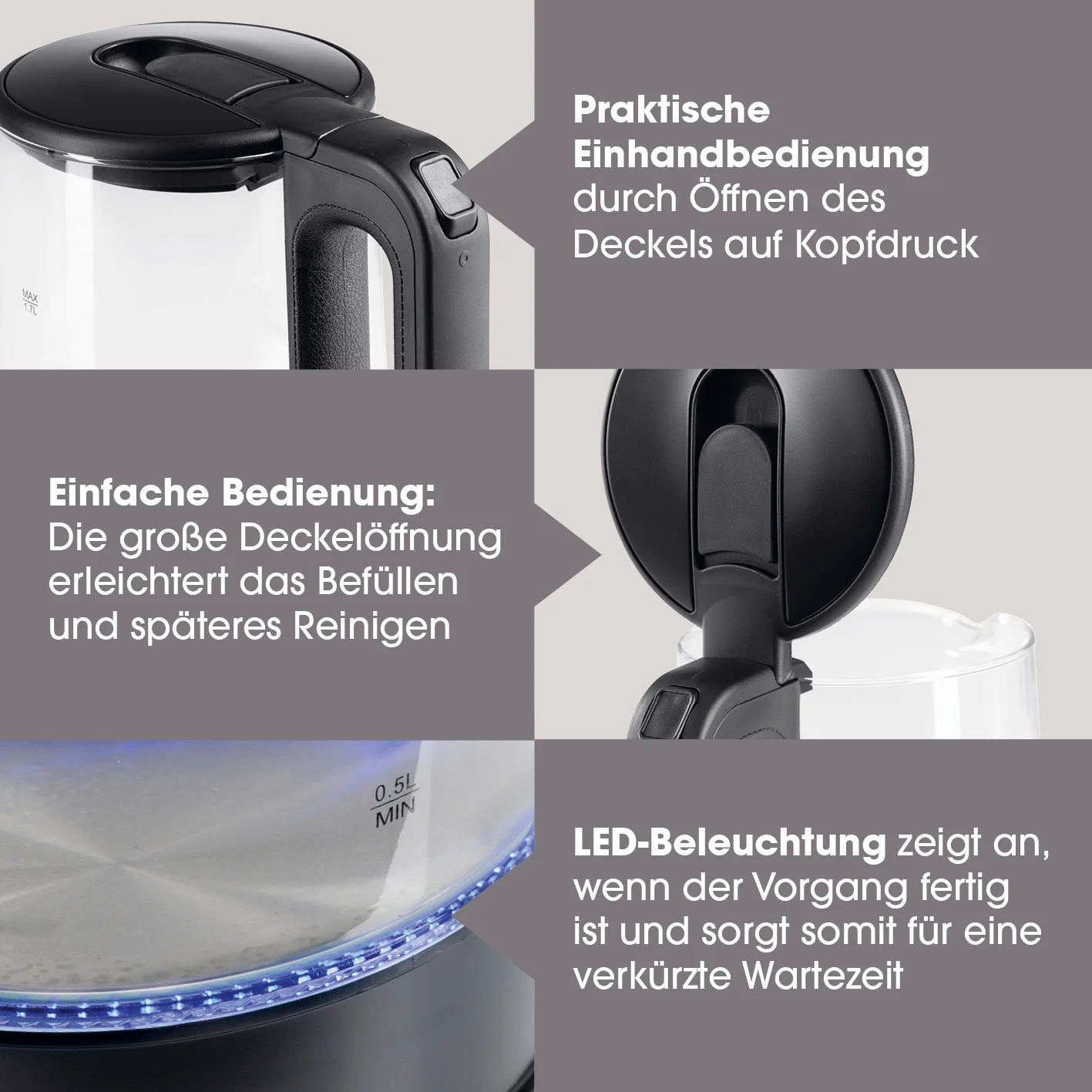 Glas-Wasserkocher LED - 1,7l - schwarz matt - Image 4