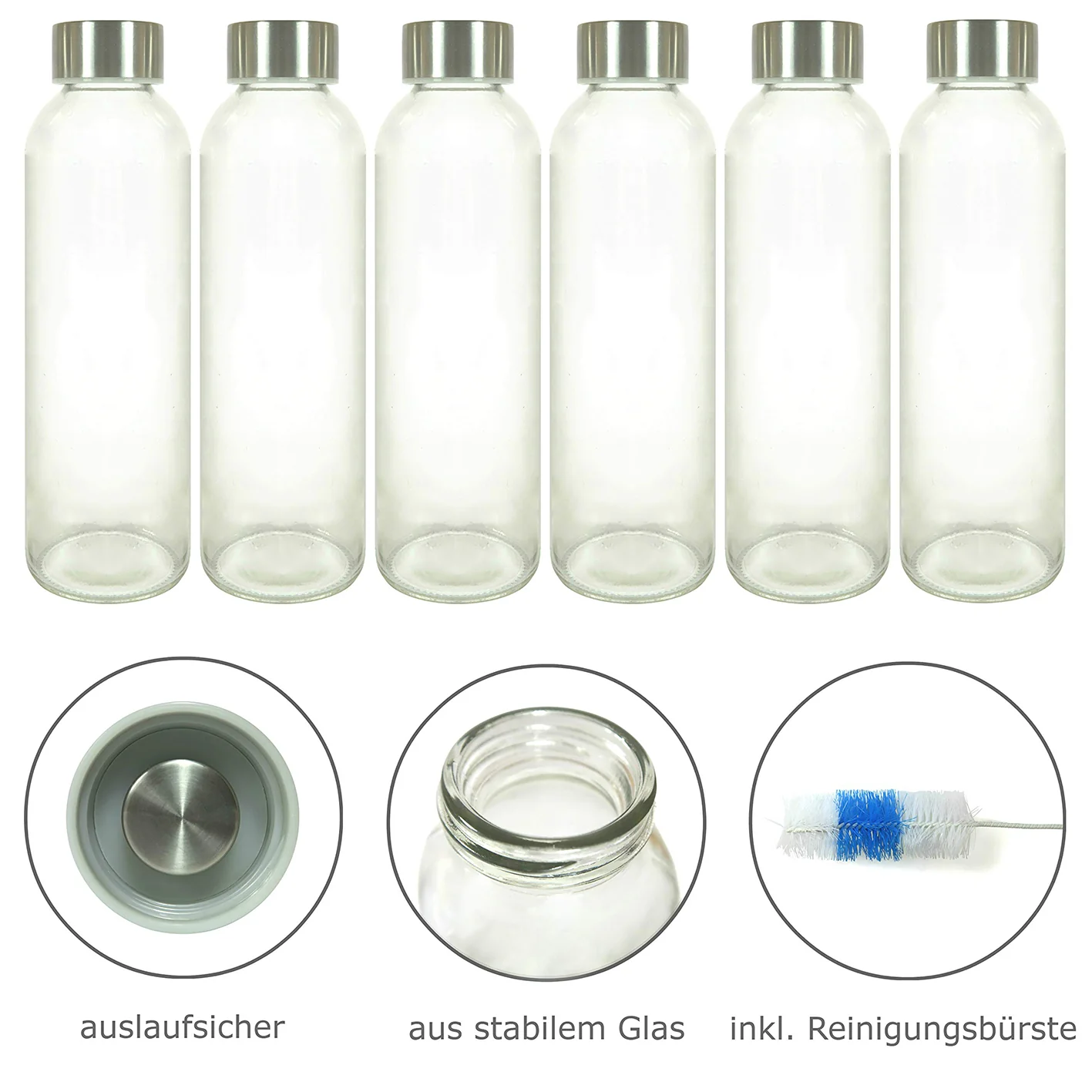 Glasflaschen 500 ml, 6er-Set + Flaschenbürste - Image 3