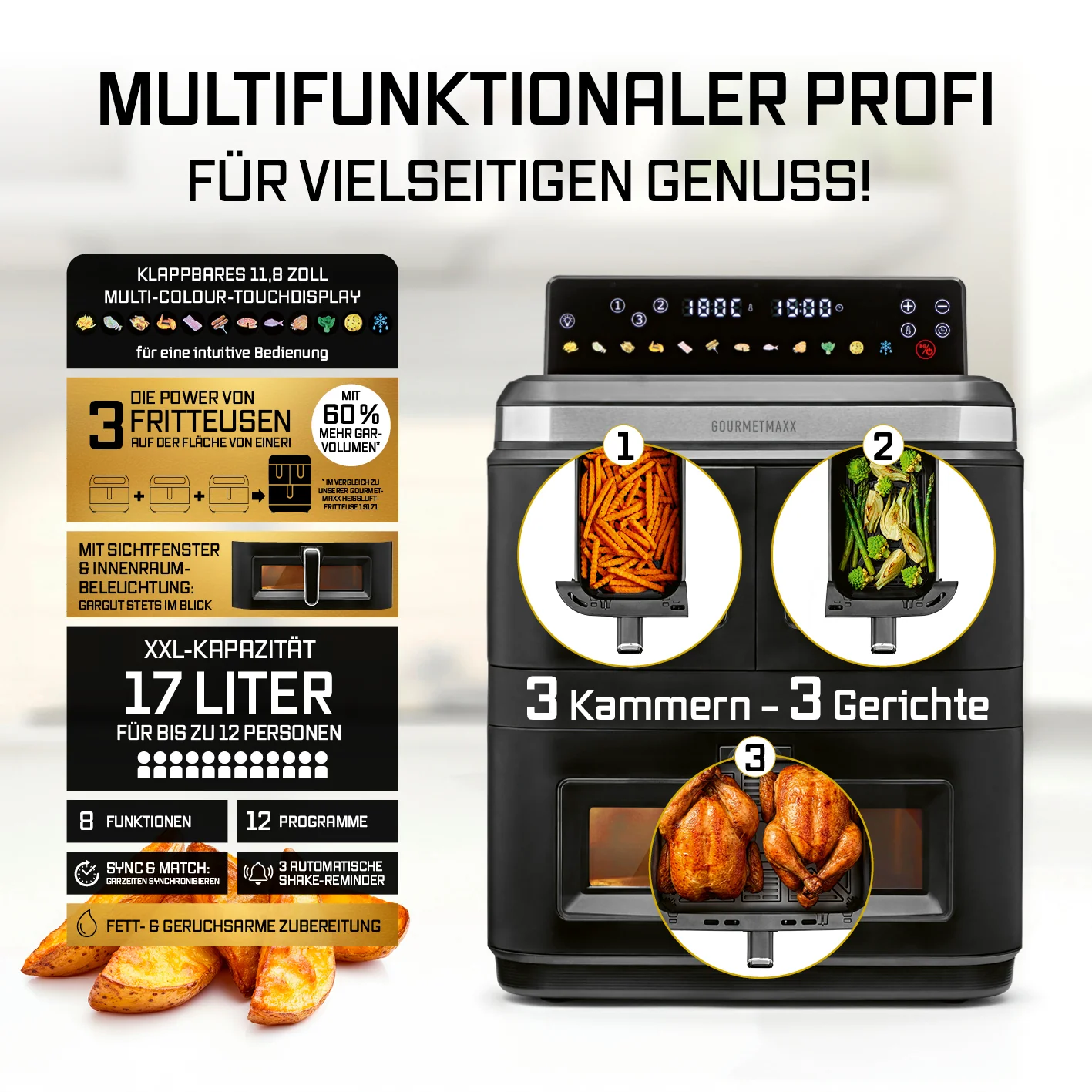 FryUp3 Vertikale 3-Kammer-Heißluftfritteuse mit Sichfenstern - 17 Liter (2 x 4, 1 x 9 l) - Image 3