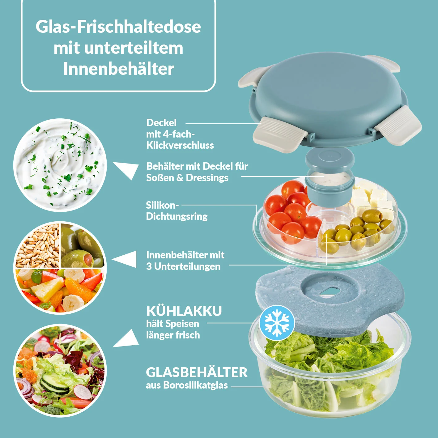 Glas-Lunchbox Klick-it mit integriertem Kühlakku - 950 ml - grau/grün - Image 2
