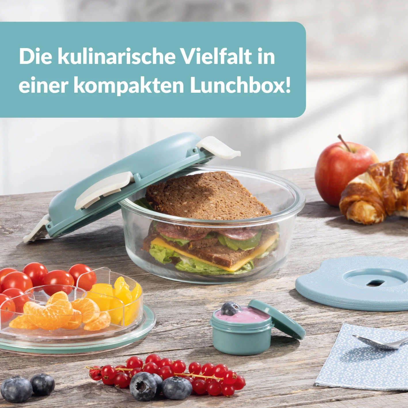 Glas-Lunchbox Klick-it mit integriertem Kühlakku - 950 ml - grau/grün - Image 4