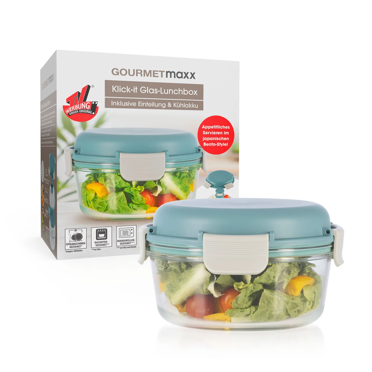 Glas-Lunchbox Klick-it mit integriertem Kühlakku - 950 ml - grau/grün - Image 9