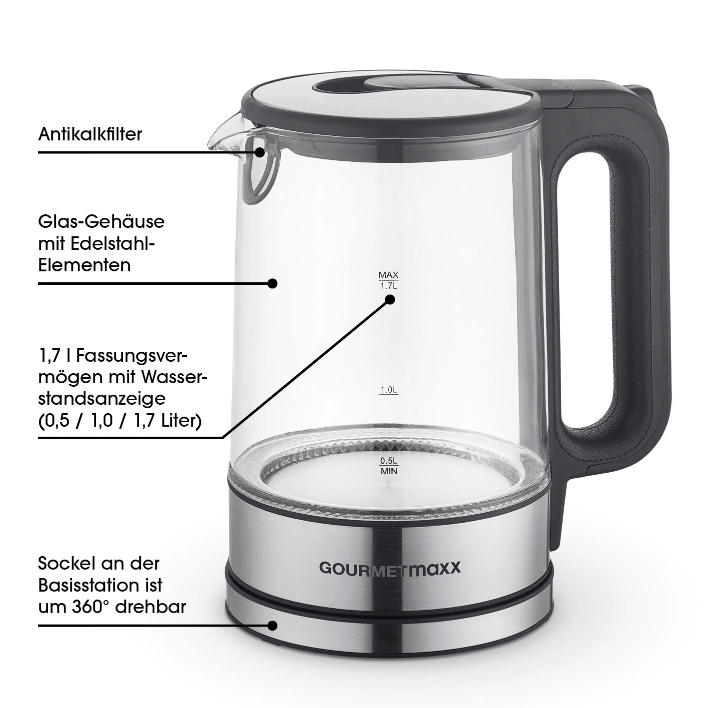 Glas-Wasserkocher LED 1,7l  - Edelstahl/schwarz - Image 5