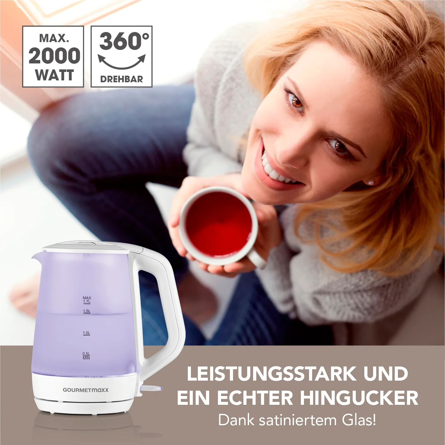 Glas-Wasserkocher mit Frostglas-Design - 1,7 Liter - Image 2