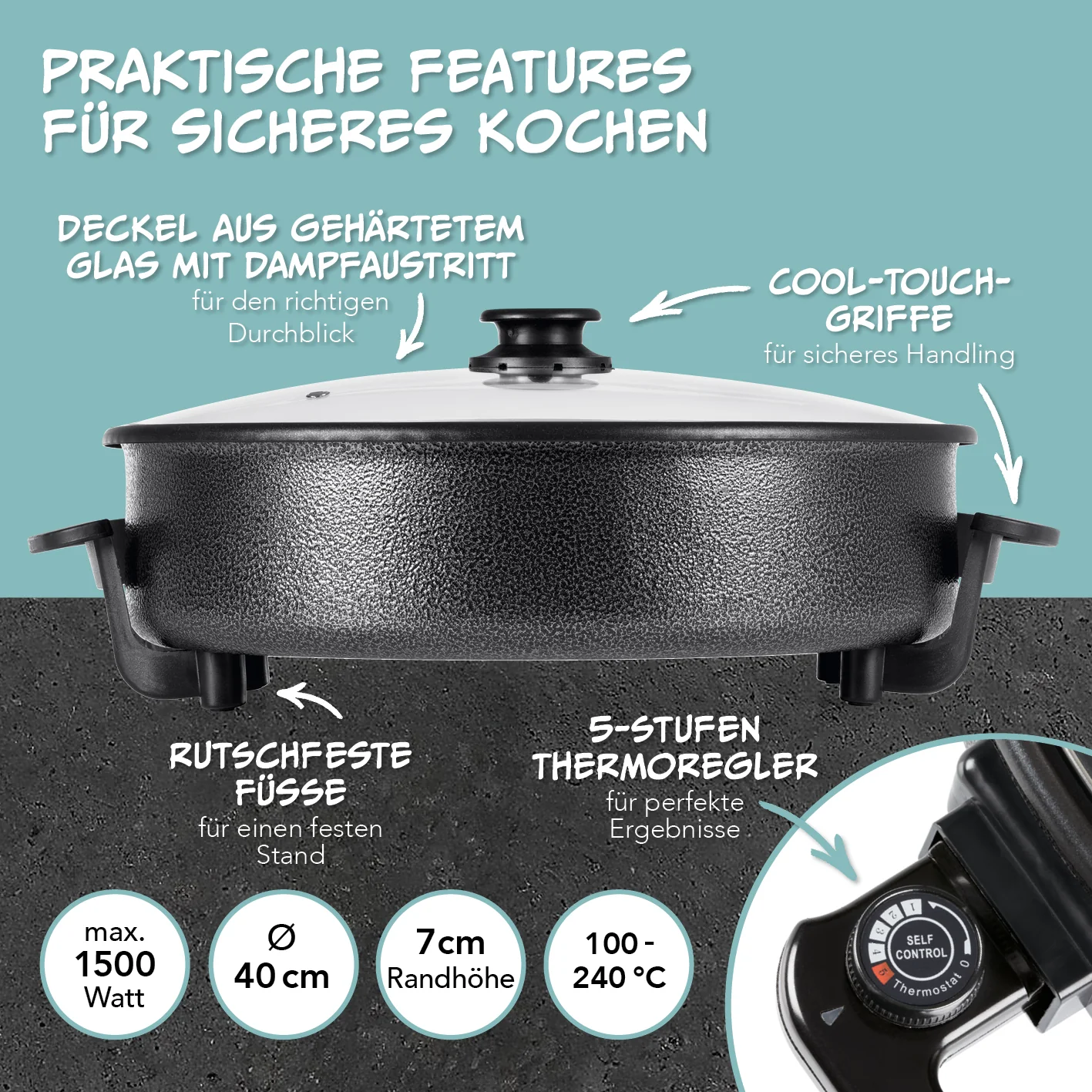 Pizza-Pfanne mit Deckel - Elektrisch 1500W - ⌀ 40 cm - Image 3